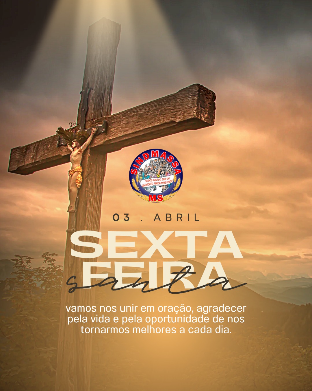 ✝️ Sexta-feira Santa um momento de fé, reflexão e renovação ✝️
Hoje é dia de silenciar o coração, refletir sobre nossos caminhos e fortalecer aquilo que realmente importa a fé, o amor e a esperança.
Que este momento nos inspire a sermos pessoas melhores, mais humanas e mais solidárias no nosso dia a dia, dentro e fora do ambiente de trabalho. 🙏✨
O SINDMASSA acredita que valores como respeito, união e empatia também constroem um futuro mais justo para todos os trabalhadores.
Tenha uma Sexta-feira Santa de paz e reflexão. 🤍
#SextaFeiraSanta #Fé #Reflexão #Esperança #União #SINDMASSA #TrabalhadoresUnidos #Respeito #Empatia #CampoGrandeMS #MatoGrossoDoSul 🙏