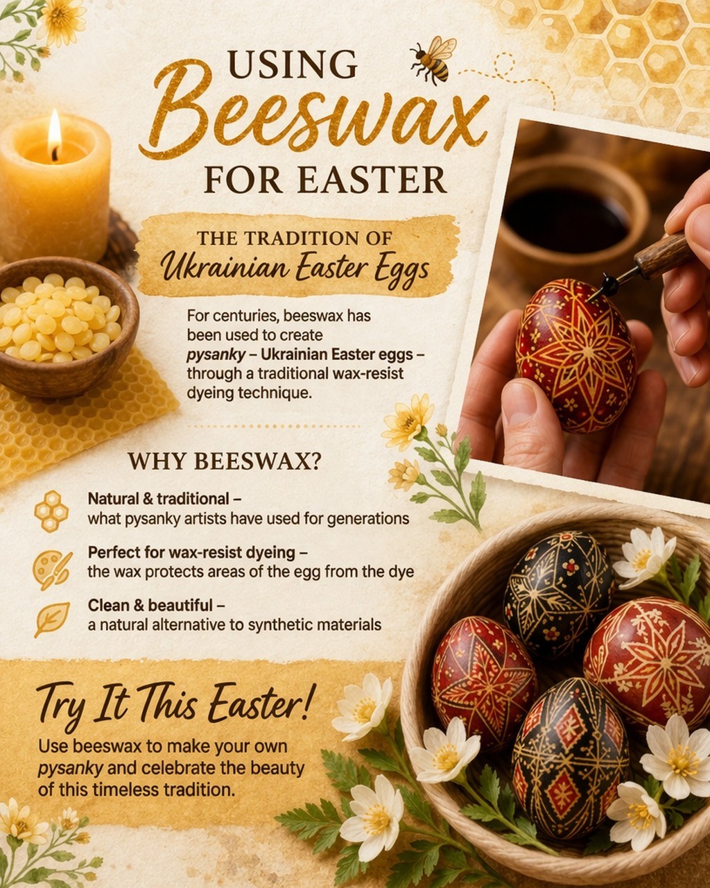 ๐ผ๐ Get ready for Easter the natural way!
Beeswax has been used for generations to create beautiful Ukrainian Easter eggs, and itโs the perfect addition to your holiday traditions. Whether youโre decorating pysanky, crafting, or adding a warm glow to your home, beeswax does it all โจ
Weโve got everything you need:
๐ฏ Beeswax blocks, bars & buttons โ perfect for egg decorating & DIY projects
๐ฏ๏ธ Handcrafted beeswax candles โ a cozy, natural touch for your Easter table
Clean, natural, and straight from the hive ๐
Celebrate Easter with tradition, creativity, and a little help from the bees ๐๐ธ
#EasterTraditions #Beeswax #Pysanky #UkrainianEaster #ShopLocal #FromTheHive