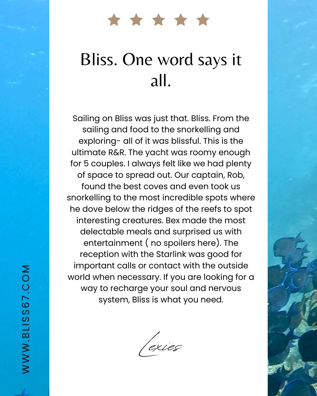 Bliss. One word says it all.
From mornings under sail to afternoons drifting over coral gardens, this week wasn’t just a vacation… it was a full exhale. The kind where time softens, the sea sets the rhythm, and every detail is quietly taken care of.
Spacious enough for five couples to each find their own slice of serenity, yet designed for shared moments that become stories you’ll tell for years. Hidden coves, secret snorkel spots, and those unexpected underwater encounters that Captain Rob somehow always knows where to find. 🐢
And then there’s the food…
Chef Bex turning every meal into an experience, each dish a little celebration, each surprise better than the last. 🍽️
Even when the outside world calls, you’re connected.
But out here… you might just forget to answer.
Because Bliss isn’t just a yacht.
It’s a feeling.
A reset.
A reminder of how good life can be when everything simply… flows.
✨ If you’re ready to recharge your soul, you know where to find us.
#Bliss67 #LuxuryYachtCharter #BVI #SailingLife #UnderstatedLuxury #YachtLife #CaribbeanDreaming #SnorkelParadise #LuxuryTravel #CrewedCharter #EscapeToBliss