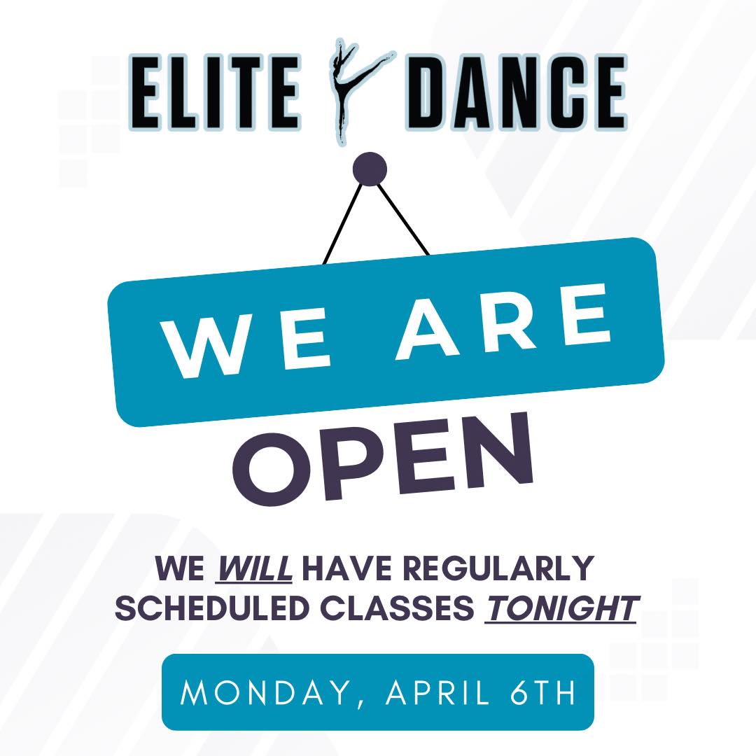 The studio is OPEN 🩵 See you all tonight for our regularly scheduled classes!
#WeAreElite #EliteDance #WeAreOpen
