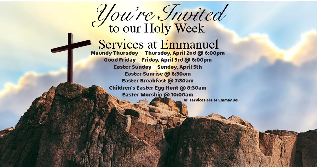 He is risen! Join us at Emmanuel for Holy Week and Easter as we gather in worship, reflection, and celebration.
Holy Week Services at Emmanuel
Maundy Thursday — Thursday, April 2 at 6:00pm
Good Friday — Friday, April 3 at 6:00pm
Easter Sunday — Sunday, April 5
Easter Sunrise at 6:30am
Easter Breakfast at 7:30am
Children’s Easter Egg Hunt at 8:30am
Easter Worship at 10:00am
All services and events will be held at Emmanuel. We would love to celebrate this joyful season with you and your ‘ohana!
#EmmanuelLutheranSchool #ELSMaui #HolyWeek #EasterAtEmmanuel #HeIsRisen #MauiChurch #EasterCelebration