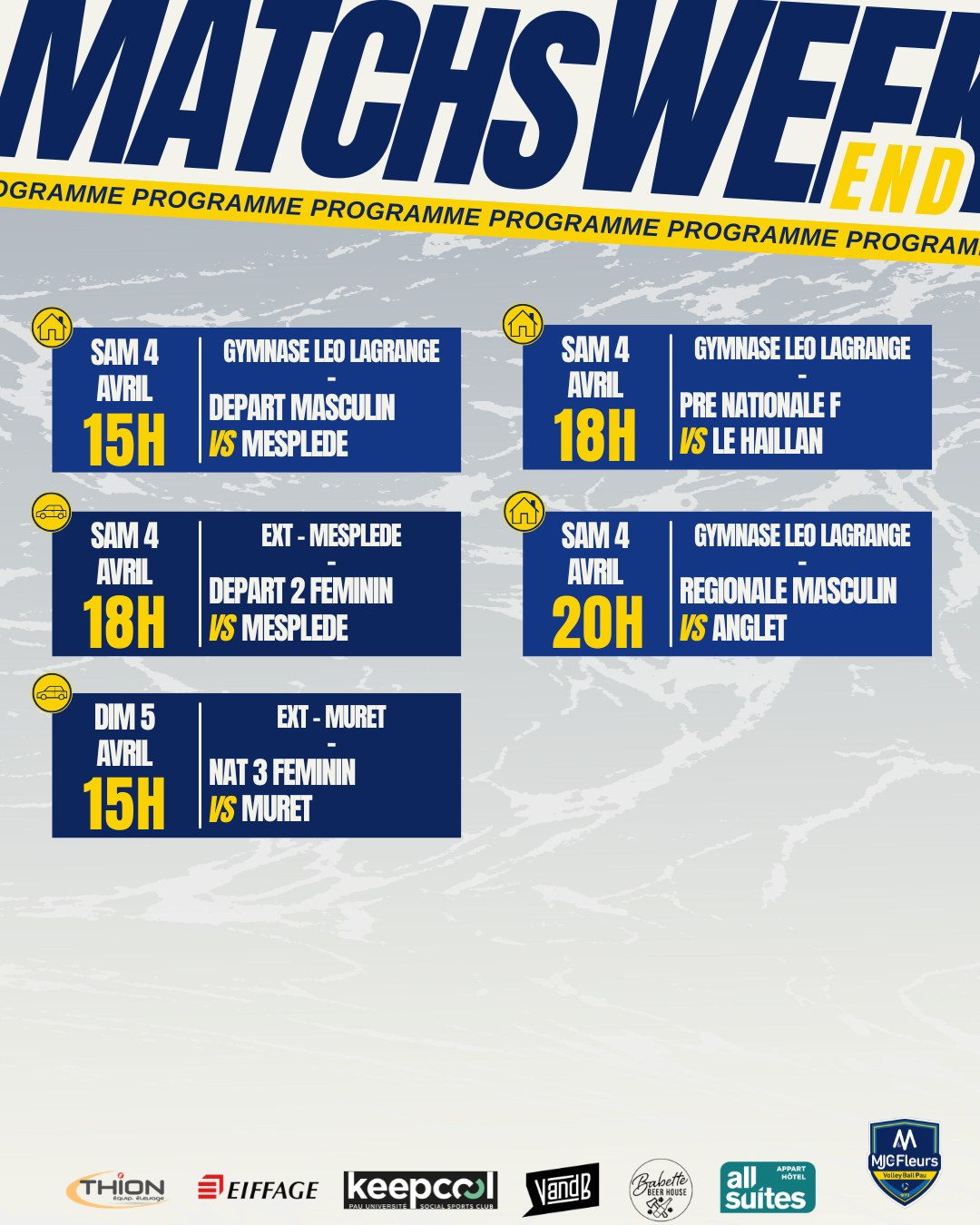 🌸 Programme du week-end 🌸
🔵 Samedi 4 avril, Gymnase Léo Lagrange :
Derniers matchs à domicile pour la REGIONALE et la PRE NATIONALE, venez nombreux pour les encourager une dernière fois 🔥
-15h, départementale G contre mesplède
-18h, pré-nationale F contre Le Haillan
-20h, Régionale G contre Anglet
🚗 Samedi mars extérieur ;
-18h Départ F à mesplède (salle des sports)
🚗 Dimanche mars ;
-15h Nationale 3 F à Muret (salle mirage)
📸 @sowaho0
@ruiztheo
🙌 Partenaires ;
Thion Equip'Elevage / @keepcoolpau / @vandbpau /
@all_suites /@babettebeerhouse