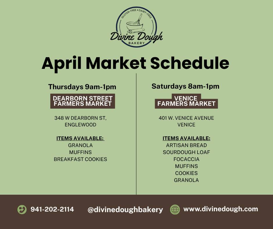 Spring market season is here and we’re excited to share our April farmers market schedule with you!
You can find Divine Dough each week at:
✨ Dearborn Street Farmers Market (Englewood) – Thursdays
✨ Venice Farmers Market – Saturdays
Everything is gluten-free, dairy-free, and made from scratch in small batches, from our artisan breads and focaccia to your favorite cookies, muffins, and granola.
If you’ve been meaning to stop by, this is your sign.
Come early for the best selection—some items do sell out!