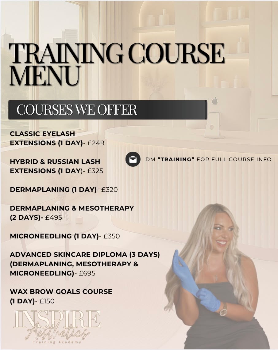 ✨ TRAINING COURSES & PRICES ✨
Ready to level up your skills and grow your beauty business? 💫
💛 Classic Eyelash Extensions (1 Day) — £249
💛 Hybrid & Russian Lash Extensions (1 Day) — £325
💛 Dermaplaning (1 Day) — £320
💛 Dermaplaning & Mesotherapy (2 Days) — £495
💛 Microneedling (1 Day) — £350
💛 Advanced Skincare Diploma (3 Days)
(Dermaplaning, Mesotherapy & Microneedling) — £695
💛 Wax Brow Goals Course (1 Day) — £150
✨ Why train with us?
✔ Accredited & fully certified
✔ Hands-on practical training
✔ Ongoing support after your course
✔ Small, friendly classes
📩 Limited spaces available — message now to secure your place 🤍
📍 Birmingham | ⭐️ 5-Star Rated
#BeautyTraining #LashTraining #SkincareCourses #BirminghamBeauty #LearnWithBeth