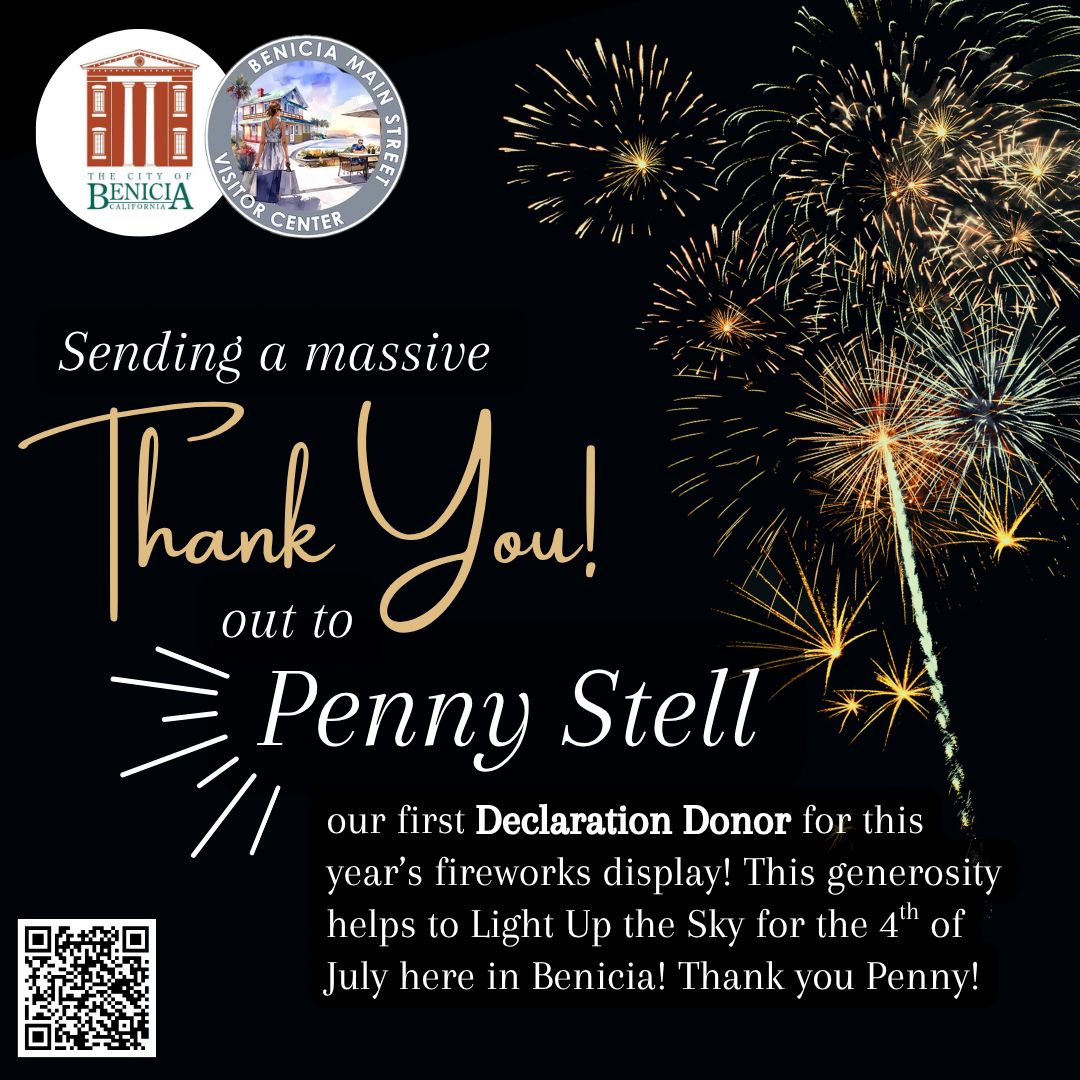 Help LIGHT UP THE SKY this 4th of July! 🎆 Benicia, we’re raising funds right now to bring back the 2026 4th of July fireworks show—and to celebrate 250 years of American independence in a big way! 🇺🇸
- On July 3rd, Benicia Main Street will once again host our beloved Torchlight Parade.
- On July 4th, with your help, we’ll fill the waterfront sky with fireworks for the whole community to enjoy.
Our goal: $50,000
This covers the fireworks display, plus essentials like cleanup, portable restrooms, and equipment rentals.
HOW YOU CAN HELP:
💳 Donate as an individual or business—every dollar counts.
⭐ Become a Sponsor (from $100 up to $10,000) and enjoy perks like:
- Name & logo recognition
- Parade banner visibility
- Prime-viewing seats for the fireworks
- An exclusive pre-fireworks reception
👥 OR Form a KaBOOM! Fundraising Team
Teams can be local businesses, community groups, neighbors, or friends & family. Raise funds, send us your best 𝗳𝘂𝗻 “𝘀𝗺𝗮𝗰𝗸 𝘁𝗮𝗹𝗸”, and we’ll share highlights on social for extra buzz!
- Top 3 teams win PRIME-VIEWING SEATS + PRE-FIREWORKS RECEPTION
🔗 DONATE OR REGISTER YOUR TEAM TODAY at BeniciaMainStreet.org (under "Events") or give in person at our clear collection box:
- Benicia Main Street Visitor Center
- Benicia Certified Market, Thursdays starting April 30, 2026
Let's come together to light up Benicia's sky & spirit for America’s 250th! ✨ Link in bio
#LightUpTheBeniciaSky #BeniciaFireworks #BeniciaCommunity