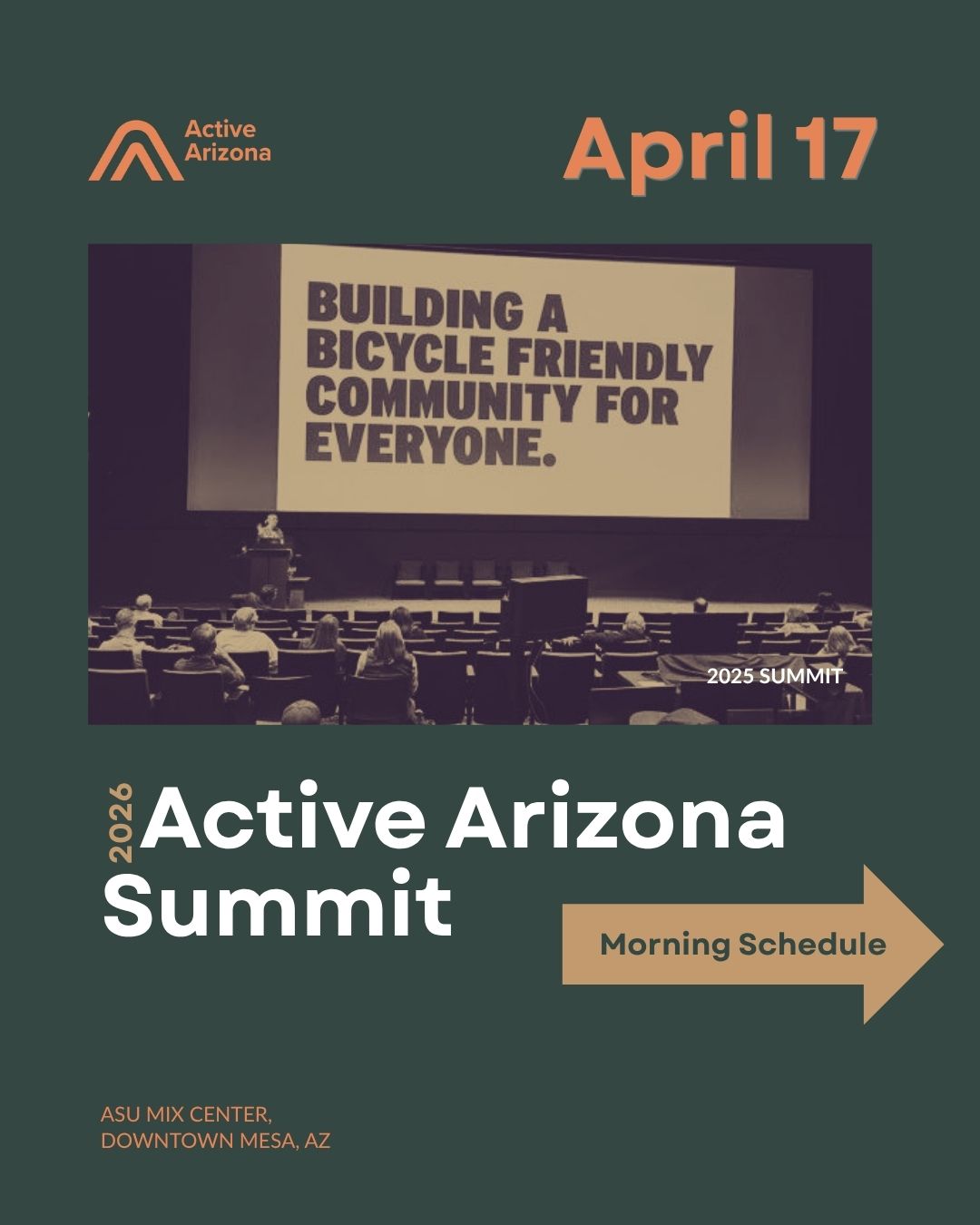 2026 Active Arizona Summit lineup is now live! 🎉 Join us on Friday, April 17 at the ASU MIX Center in Downtown Mesa for a full day of conversation, connection, and ideas around active transportation in Arizona.
Register now before April 17 and save your spot: activeaz.org/summit2026