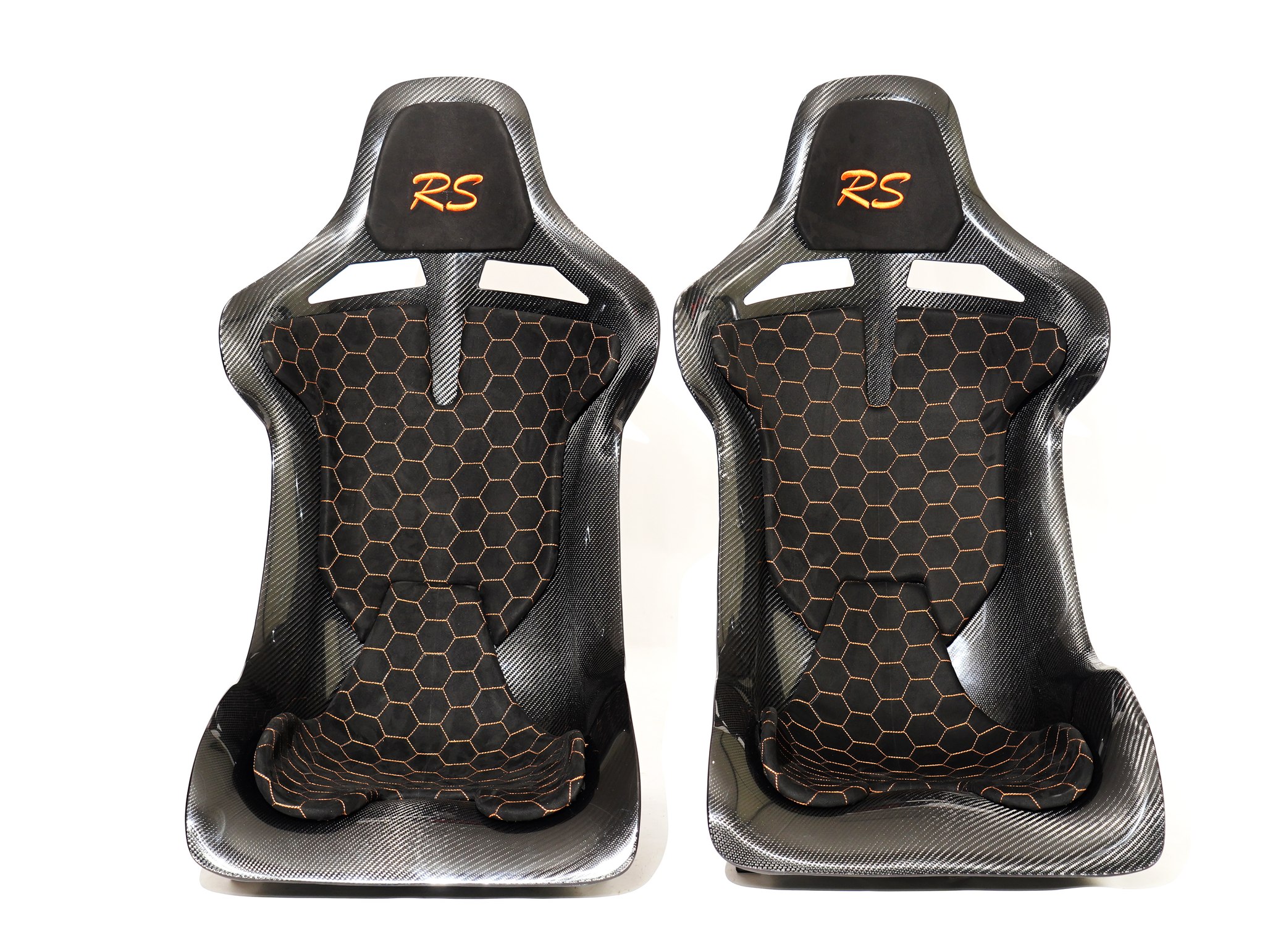 CF Seats V5 with black Alcantara padding and orange honeycomb stitching pattern + orange Audi RS logo on headrest padding.