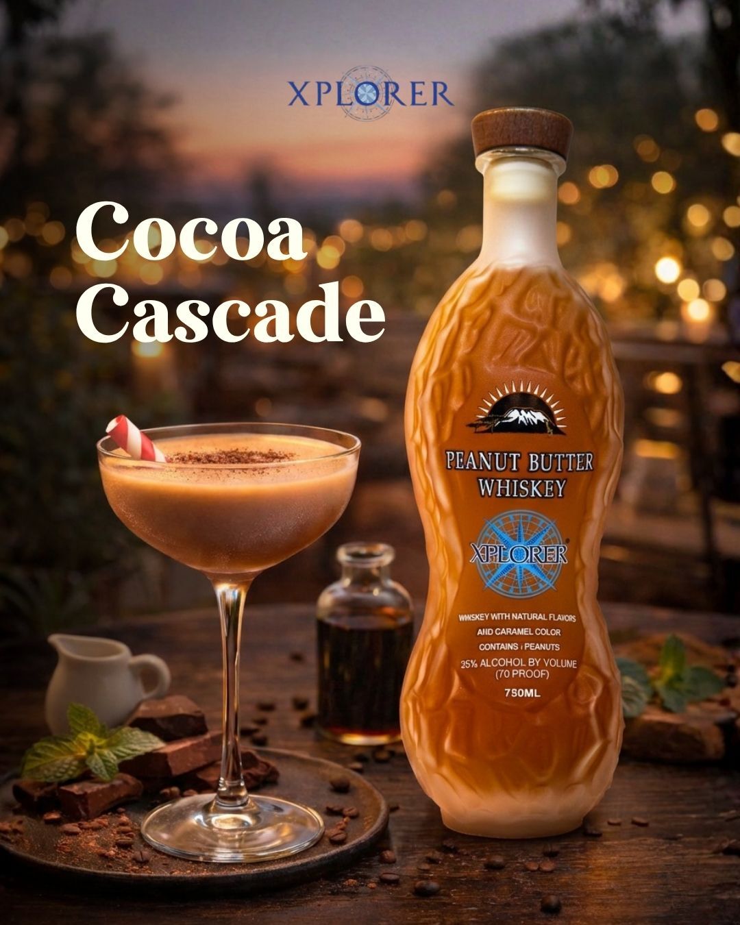 Chocolate coffee and peppermint flow together with deep nutty notes.
#XplorerSpirits #PeanutButterWhiskey #ChocolatePeppermint #NuttyIndulgence #CraftSpirits