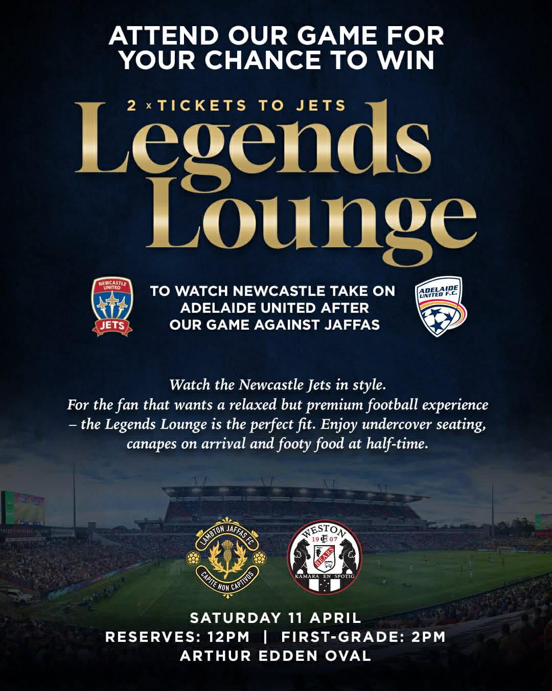 MAKE IT A MASSIVE DAY OF FOOTBALL ACTION! 🖤🤍
Get down to the game on Saturday as the Bears take on Jaffas for your chance to win two Legend Lounge tickets to see the Newcastle Jets take on Adelaide United at McDonald Jones Stadium straight after our match. 🐻
With the Jets still in the fight for the Premiers Plate, this is a huge game you will not want to miss.
Enjoy the ultimate matchday experience in the Legends Lounge with undercover seating, canapés on arrival, and footy food at half-time.
Make a full day of it and enjoy two huge games of football back-to-back. ⚽️
For more information, visit newcastlejetsfc.com.au ✈️
#COYB
Weston Workers Club newcastlejetsfc