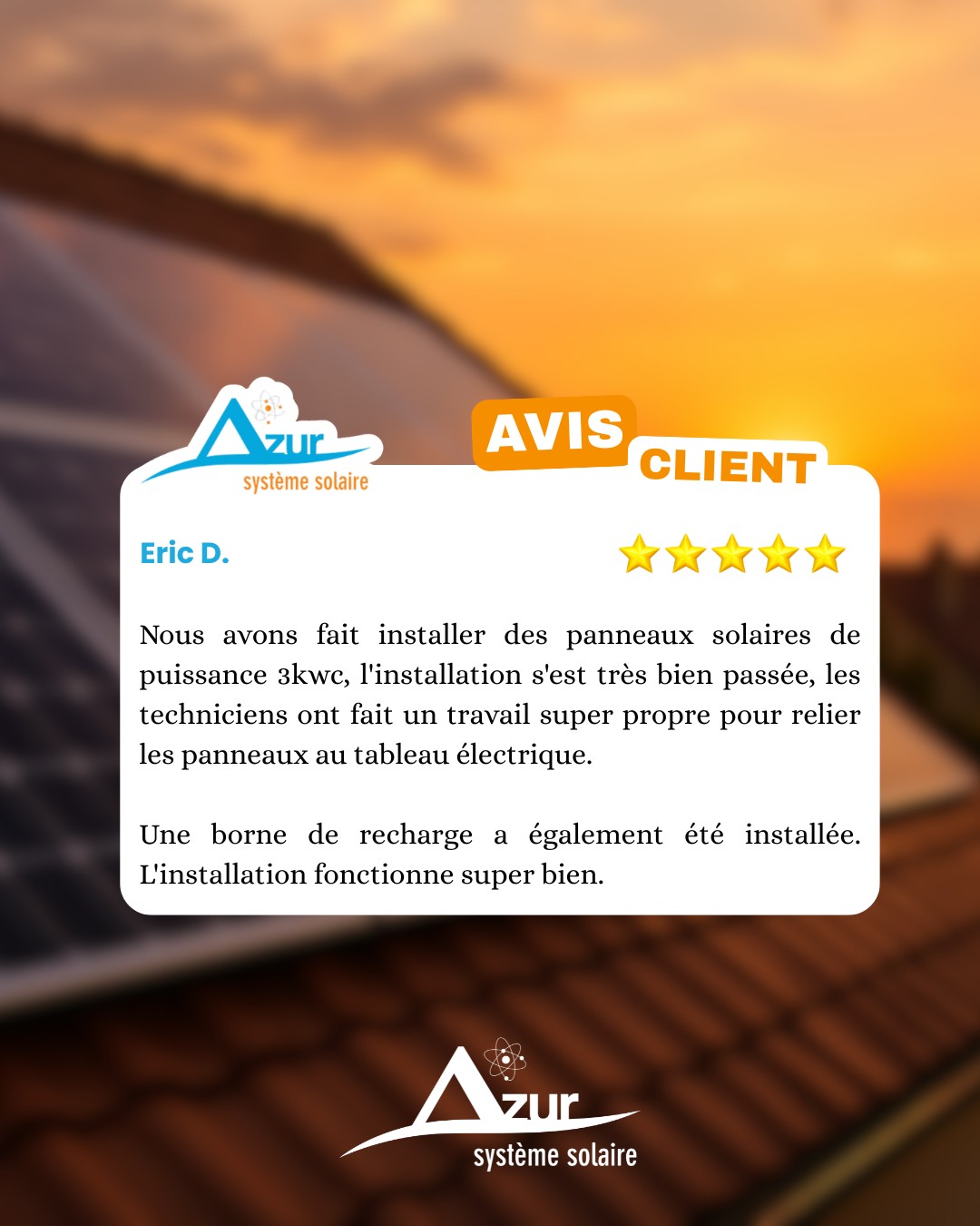 "UNE INSTALLATION QUI FONCTIONNE SUPER BIEN !" ⭐⭐⭐⭐⭐
Merci à Eric D. pour ce superbe retour d'expérience ! Ce projet illustre parfaitement la maison de demain :
1️⃣ Une puissance de 3 kWc pour réduire ses factures d'électricité.
2️⃣ Un travail soigné pour relier les panneaux au tableau électrique. 🛠️
3️⃣ L'installation d'une borne de recharge pour rouler à l'énergie solaire. 🔌
Chez Azur Système Solaire, nous installons des solutions complètes et "propres" pour votre confort au quotidien.
📩 Prêt à faire comme Eric ? Contactez-nous pour une étude personnalisée de votre projet solaire + mobilité !
#avisclient #satisfaction #solaire #bornederecharge #azursystemesolaire #expertise #nice #cotedazur #energiepropre #autoconsommation