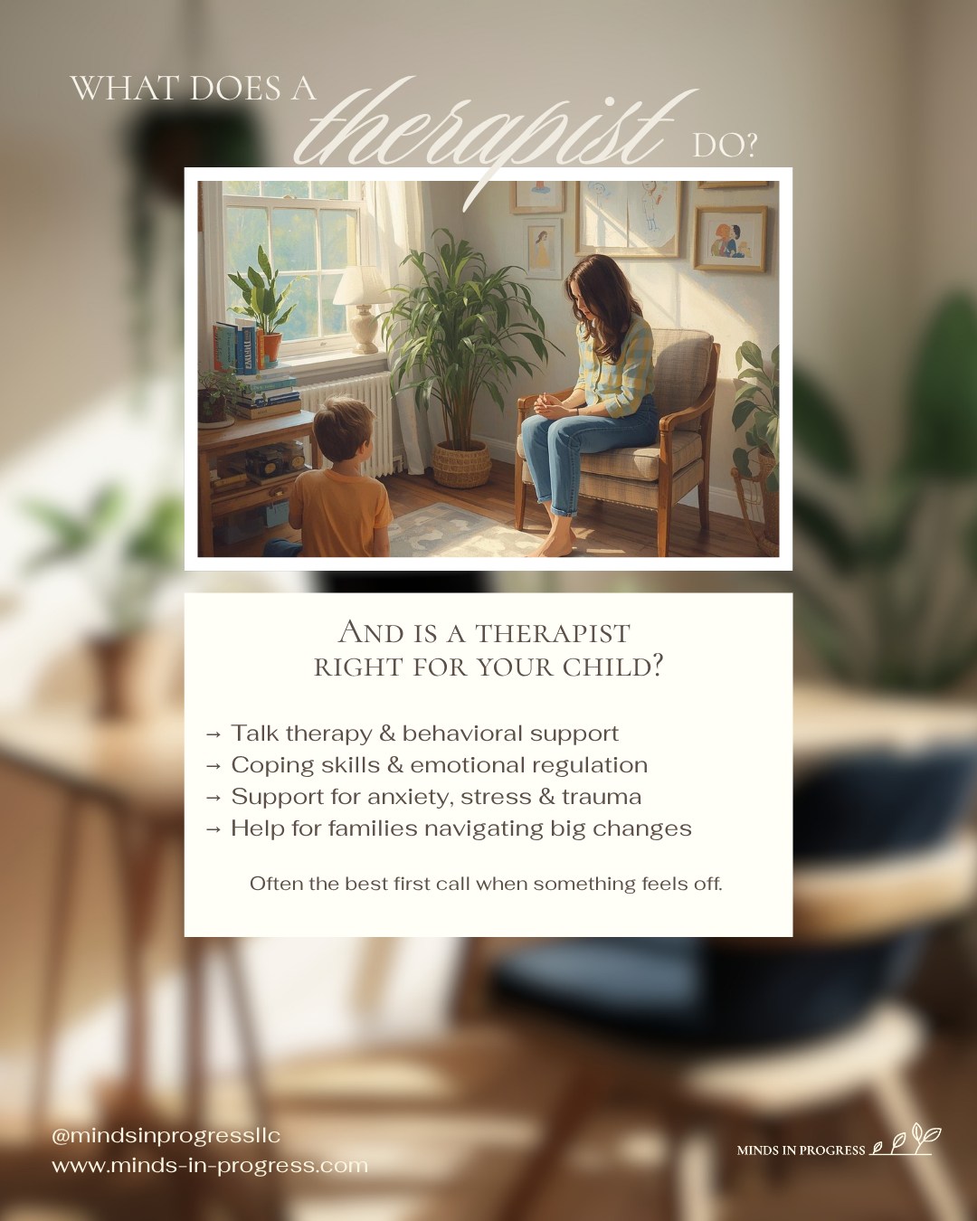 Sometimes the hardest part isn't getting help...it's knowing who to call first. 💙
A therapist is often the best first step when your child is struggling emotionally or behaviorally.
Here's what they do:
→ Provide talk therapy and behavioral support
→ Help kids develop coping skills & emotional regulation
→ Support families navigating stress, anxiety, trauma & more
→ Work in private practices, clinics, or community agencies
Common licenses & degrees:
→ Licensed Professional Counselor (LPC)
→ Licensed Clinical Social Worker (LCSW)
→ Marriage & Family Therapist (MFT)
Not sure if a therapist is the right fit? That's exactly what we're here to help you figure out. 🌱
Day 2 of 5. Save this series! 💙
#ChildTherapy #KidsMentalHealth #ParentingSupport #MindsInProgress #StCharlesMO