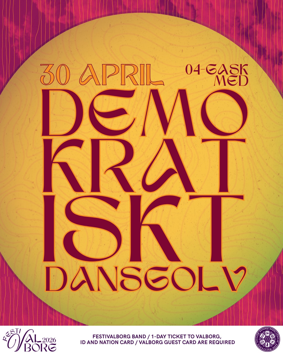 🌄Vill du vara med och bestämma vilken musik som spelas på dansgolvet? Nu har du chansen! 🌄
Kom och rösta på det demokratiska dansgolvet under Valborgs-klubben och se till att just din favoritlåt spelas!
Norrlands nation kommer under kvällen dela ut glowstick-armband som används för att rösta.
Datum: 30 april
Tid: 00:00 - 02:00
Plats: Discot
Pris: Ingår i entrébiljetten
Festivalborgsband / 1-dagsbiljett för Valborg, ID och nationskort / valborgsgästkort krävs.
___
🌄 Want to help decide what music gets played on the dance floor? Now’s your chance! 🌄
Come vote on the democratic dance floor during the Valborg club and make sure your favorite song gets played!
Norrlands Nation will be handing out glow stick wristbands during the evening, which will be used for voting.
Date: April 30th
Time: 00:00 - 02:00
Location: Discot
Price: Included in the admission ticket
Festivalborg band / 1-day ticket for Valborg, ID, and nation card / valborg guest card required.