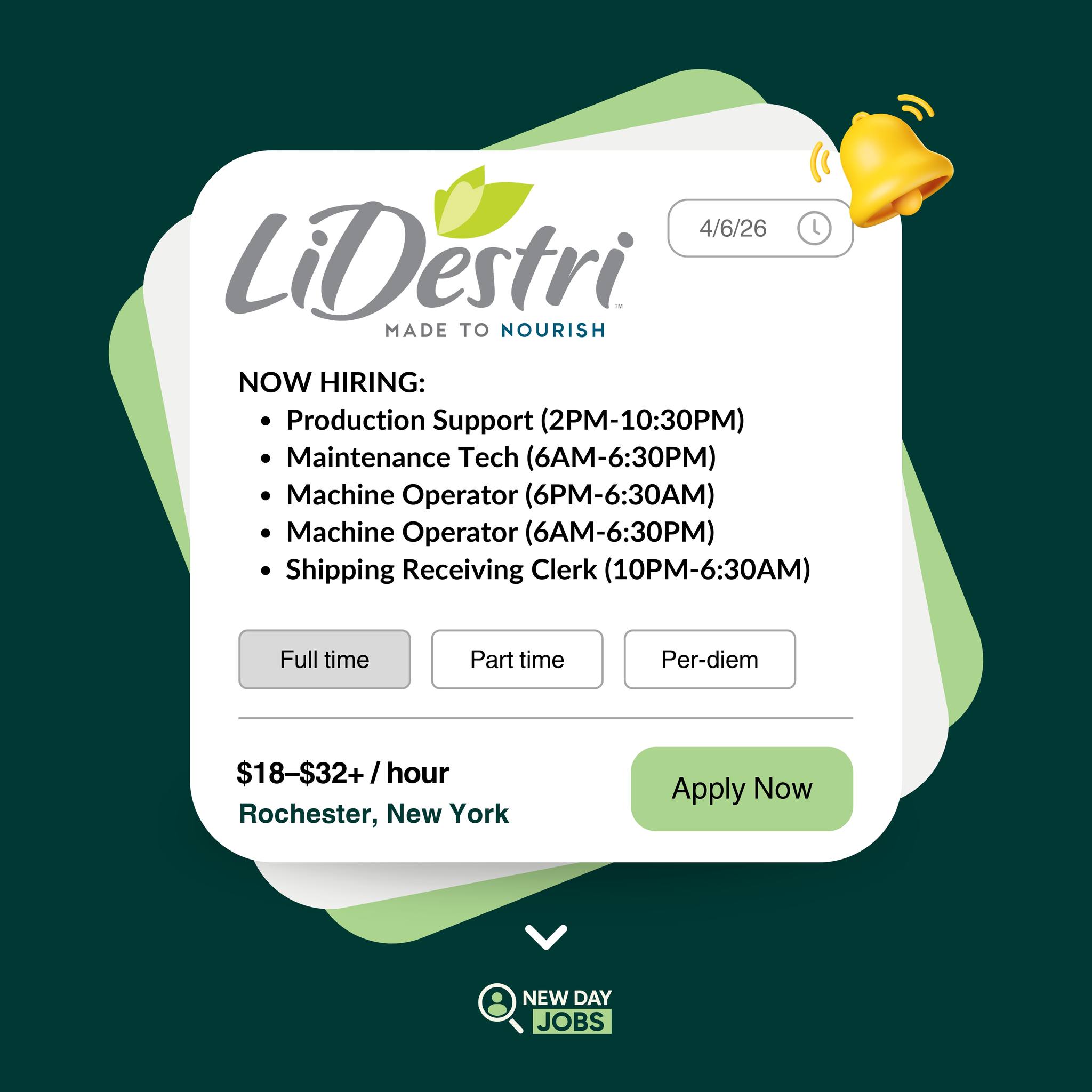 Lidestri Foods is hiring in Rochester 👇🏽
Multiple roles available across different shifts.
💰 $18–$32+ / hour
📍 Rochester, NY
Visit us at wwww.newdayjobs.app for the link to apply!
#NewDayJobs #RochesterNY #RochesterJobs #UpstateNYJobs #NowHiring #HiringNow #ApplyNow #JobSearch #JobSeekers #FindAJob #GetHired #CareerOpportunities #ManufacturingJobs #WarehouseJobs #ProductionJobs #EntryLevelJobs #FullTimeJobs #PartTimeJobs #NightJobs #DayShift #FairChanceHiring #FairChanceJobs #Reentry #WorkforceDevelopment #CareerGrowth #JobOpportunities #ExplorePage #FYP
