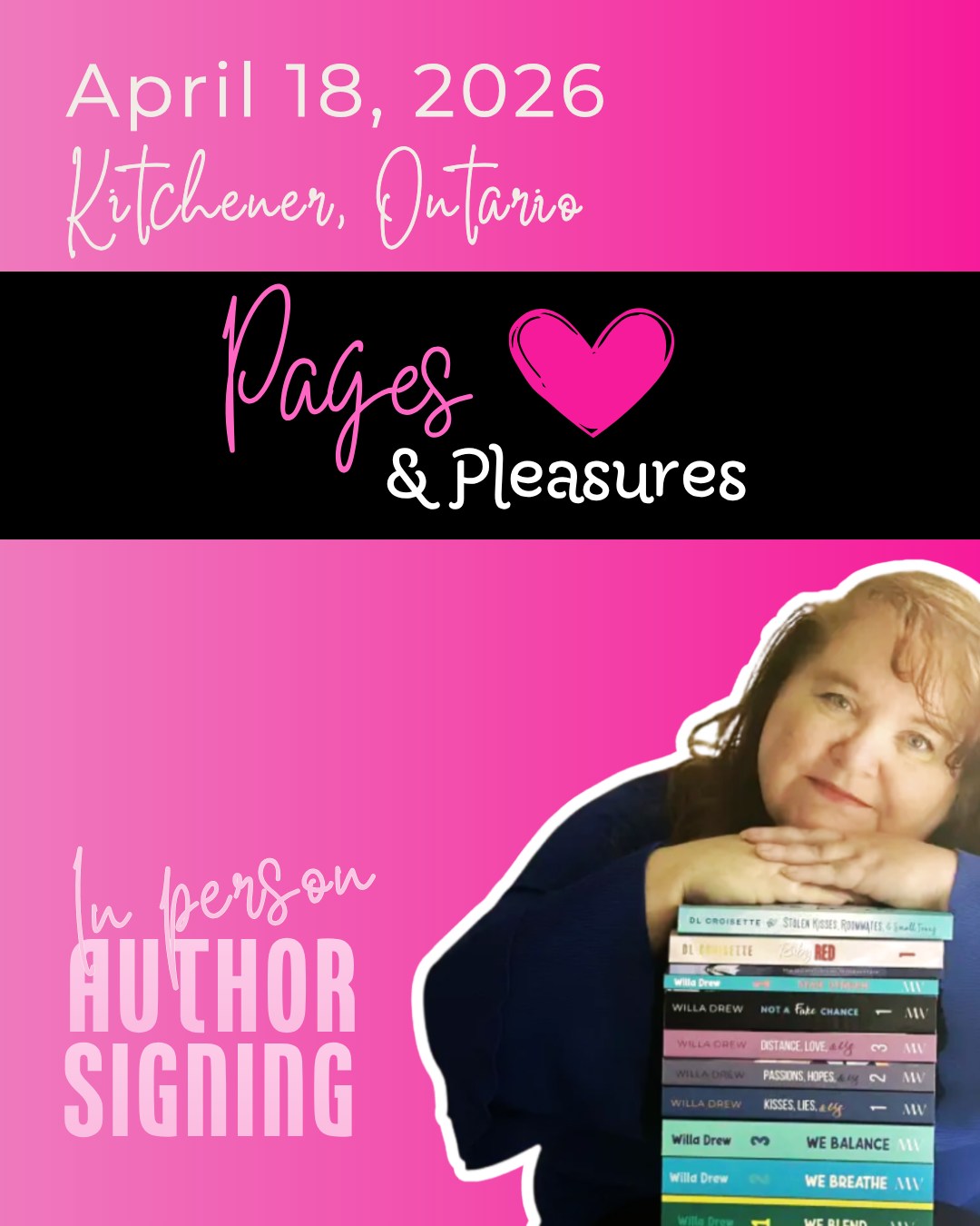 I'm so excited to attend my first ever Pages & Pleasures romance book event. If you are in Kitchener (or want to make the trip) you can find me and my fellow romance author @devinsloane.author at table 90.