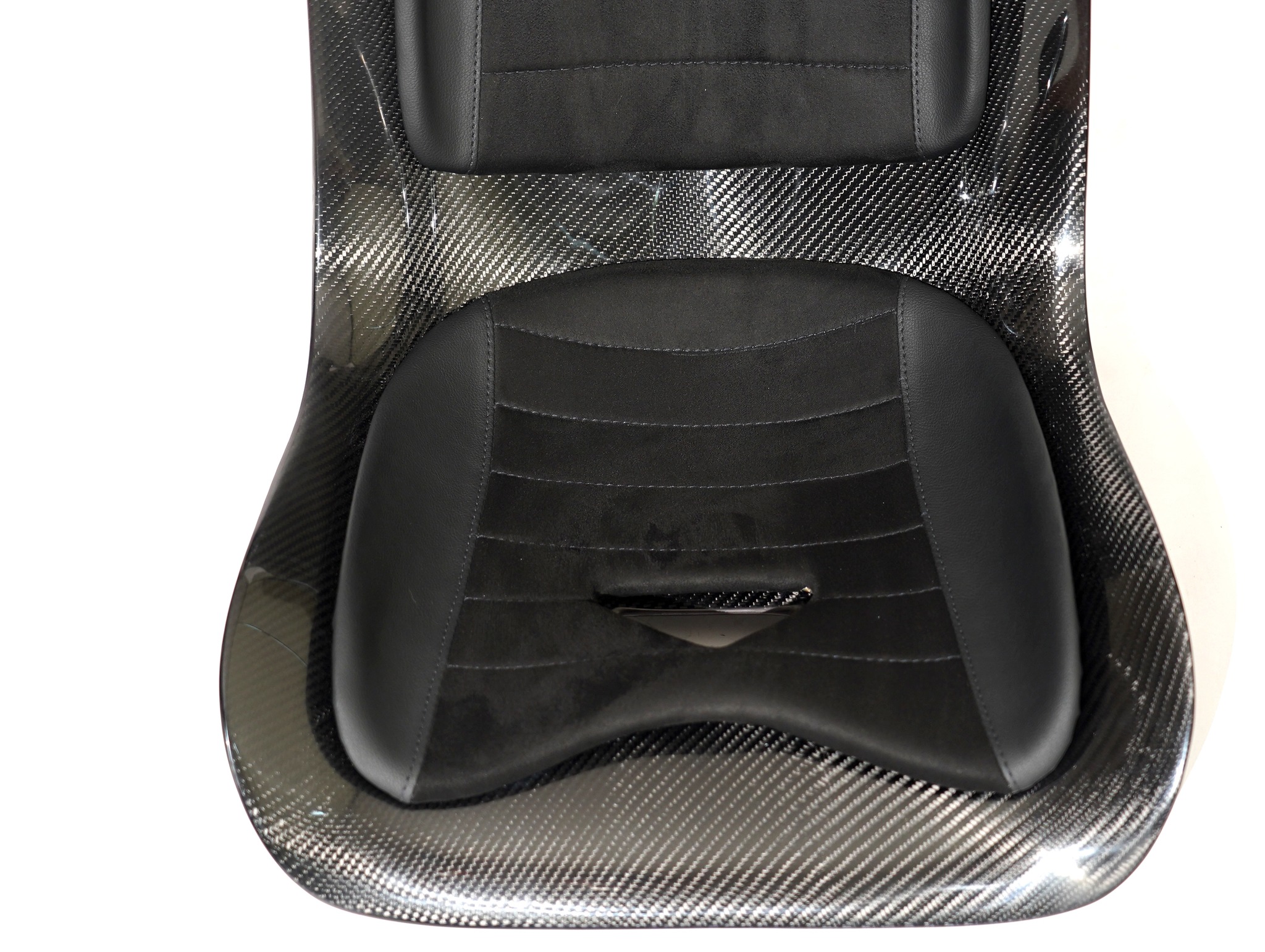 CF Seats V3 with custom padding, black leather mixed with black Alcantara + Corvette Z06 logo stitching on headrest padding.
