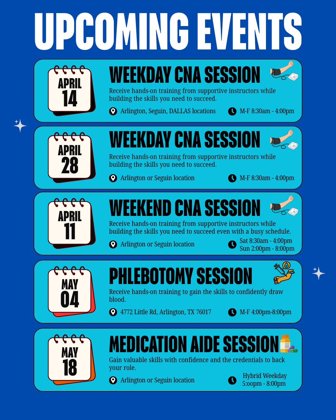 🚨 NEW CLASS START DATES ARE HERE! 🚨
Ready to step into a rewarding healthcare career? Now’s the time to get started with hands-on training, flexible schedules, and programs designed to get you workforce-ready fast! 🙌
✨ Upcoming Start Dates:
✔ CNA Weekday Classes: April 14 & April 28
✔ CNA Weekend Classes: April 11
✔ Phlebotomy (Arlington Campus): May 4
✔ Hybrid Medication Aide: May 18
💡 Why choose Faith Forward?
• Flexible weekday & weekend options
• Hybrid learning available
• Hands-on clinical experience
• Fast-track programs to start working sooner
💲 Enroll today with just $250 down and secure your seat before classes fill up!
📩 Message us now to get started—your future in healthcare begins here! 🔥
#CNAClasses #MedicationAide #PhlebotomyTraining #HealthcareCareer #NursingAssistant #AlliedHealth #MedicalTraining #CareerInHealthcare #HealthcareStudents #FutureNurse #CNAProgram #MedAide #PhlebotomyLife #HealthcareEducation #TradeSchool #VocationalTraining #TexasHealthcare #ArlingtonTX #SeguinTX #DallasTX #NowEnrolling #CareerGoals #LevelUpYourLife #EnrollNow #HealthcareTraining