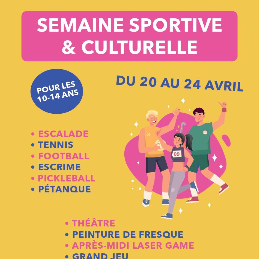 🌟Semaine Sportive et Culturelle Ados 🌟
Du 20 au 24 avril 2026 .
En partenariat avec le Service Jeunesse de la Ville de Louveciennes, l'Association Sportive de Louveciennes, l'@Académie Gabriel Fauré, toute une semaine dédiée à la découverte de sports et d'ateliers culturels est proposée à vos adolescents.
👉 Au programme : Football, Escalade, Théâtre, Peinture, Pétanque, Pickle Ball, Escrime, Tennis, de nombreux jeux et un après-midi Laser Game !
La Fabrique MJC - Inscription obligatoire / Tarification modulée selon les revenus
Renseignements : 01.39.18.00.95 / jeunesse@lafabrique-mjclouveciennes.fr Voir moins
Plus d'informations au 01 39 18 00 95 ou sur info@lafabrique-mjclouveciennes.fr
#villedelouveciennes #sport #culture #cultures