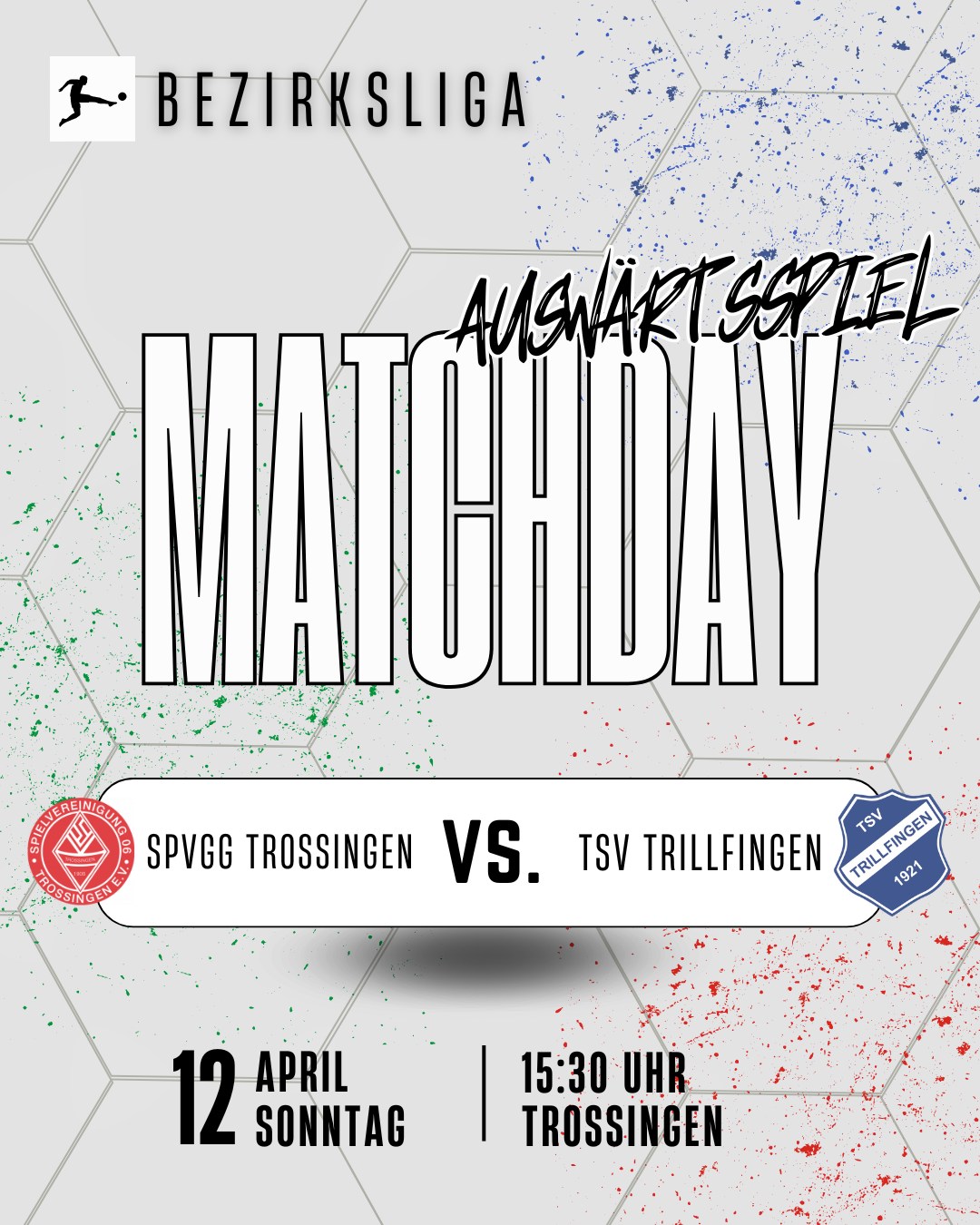 Zweites Auswärtsspiel in Folge
Nachdem wir zuletzt am Donnerstag in Kolbingen zu Gast waren, folgt nun am Sonntag das nächste Auswärtsspiel in Trossingen. Hinspiel 1:1.
Anpfiff 15:30 Uhr in Trossingen.
