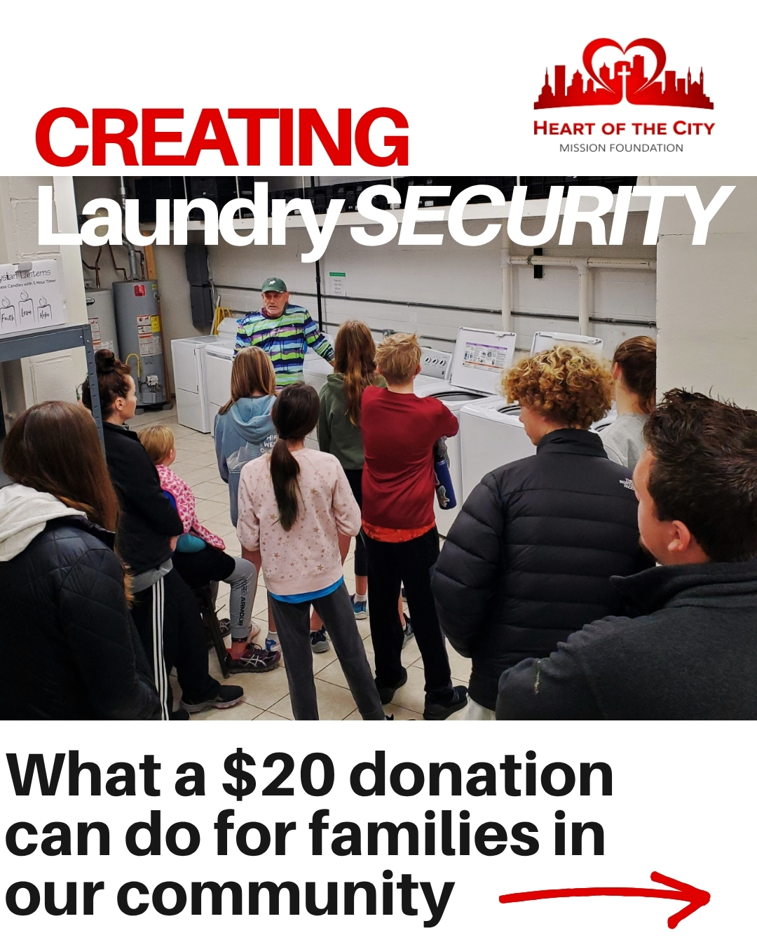 Does $20 feel like a financial burden for you and your family? For most of the families we serve, the answer is yes.
Laundry SECURITY is one aspect of life we are trying to create in the heart of our city. Twenty dollars towards our Laundry Program means a family can wash and dry many loads of laundry at no cost to them. It means kids are able to go to school with dignity and it means parents are able to allocate their financial resources to other crucial needs.
At Heart of the City Mission Foundation we're committed to changing one life at a time....one load at a time. Join us 🙏