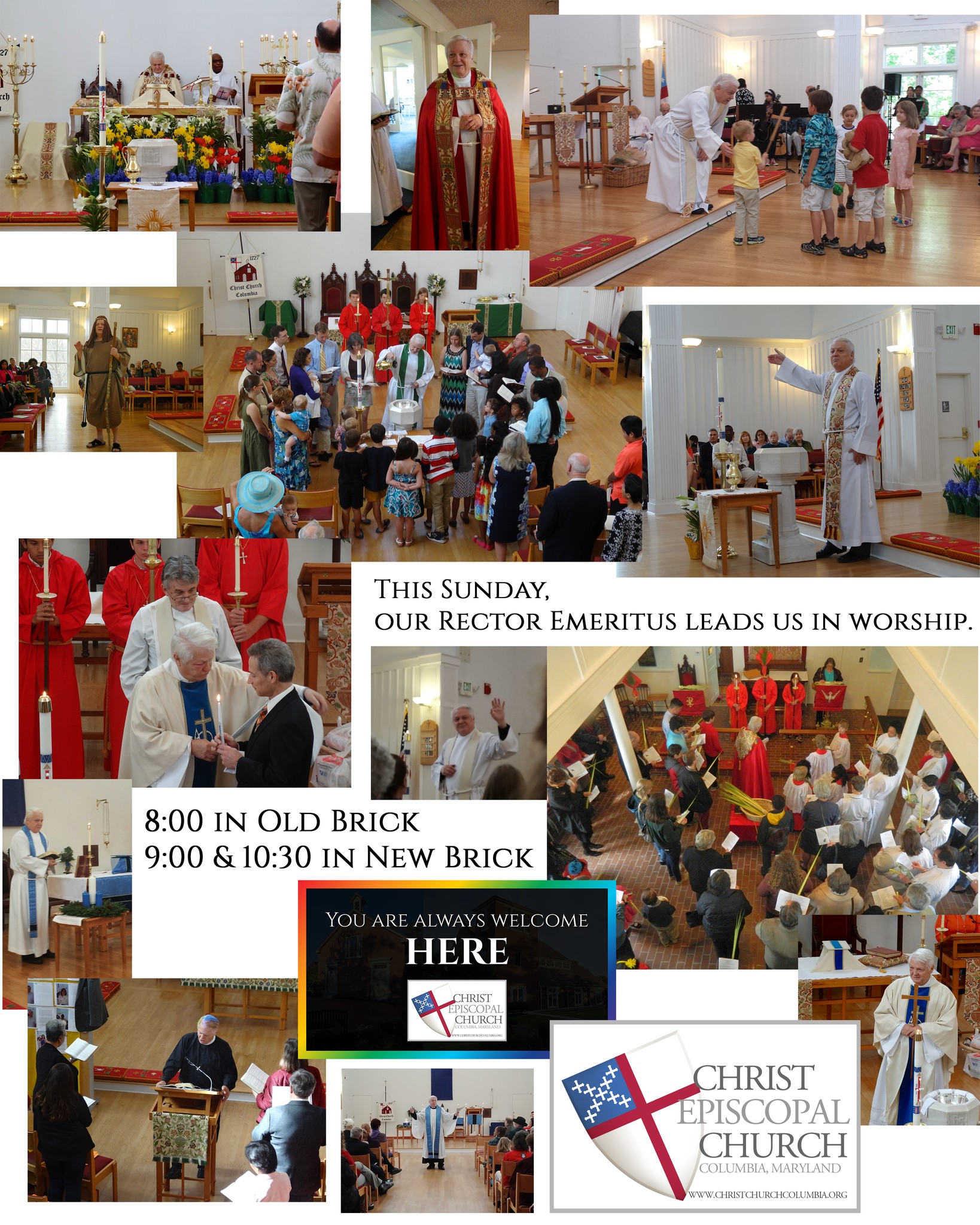 The Reverend Richard A. Ginnever, Christ Church's Rector Emeritus, will lead us in worship this Sunday, April 12. He will be at all three services, so gather and welcome him back home to Christ Church!
We have three services on Sunday:
8:00 a.m. in Old Brick
9:00 a.m. Family Worship in New Brick
10:30 a.m. Choral Eucharist in New Brick
Sunday School and all formation classes return this Sunday, as well.
This is a place where lives are renewed.
YOU ARE ALWAYS WELCOME HERE.
www.christchurchcolumbia.org