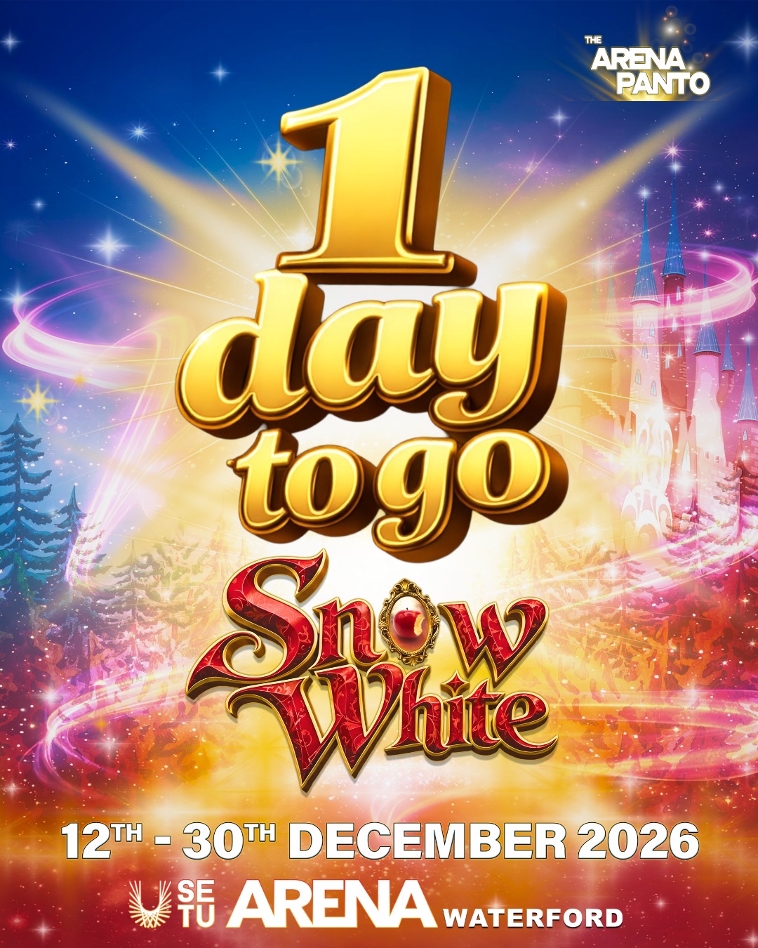 ⏰✨ JUST 1 DAY TO GO! ✨⏰
The wait is almost over… tickets for SNOW WHITE at SETU Arena go on sale TOMORROW! 👑🍎
Don’t miss your chance to secure a spot for the most magical, hilarious, and dazzling panto in the South East, coming 12th–30th December! 🌟
Set your alarms, tag everyone, and get ready for Christmas magic like never before… 🍎✨
#1DayToGo #SnowWhitePanto #ArenaPanto #Countdown #ChristmasMagic #FamilyFun #WaterfordEvents