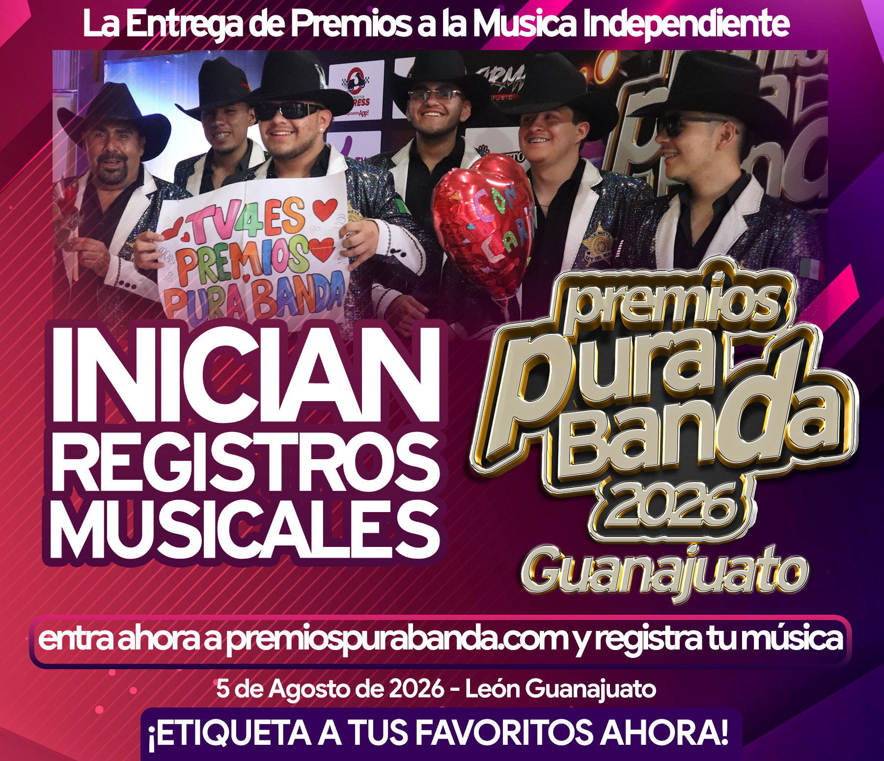 ¡Ya inician los registros musicales para @premiodelabanda 2026!
Entra ahora https://www.purabandamx.com/premiospurabanda
*Registra tu mejor cancion lanzadas de JUNIO 2025 a la fecha.
*Solo lanzamientos disponibles en plataformas digitales
*Registro solamente por integrantes del proyecto musical o compositores guanajuatenses.