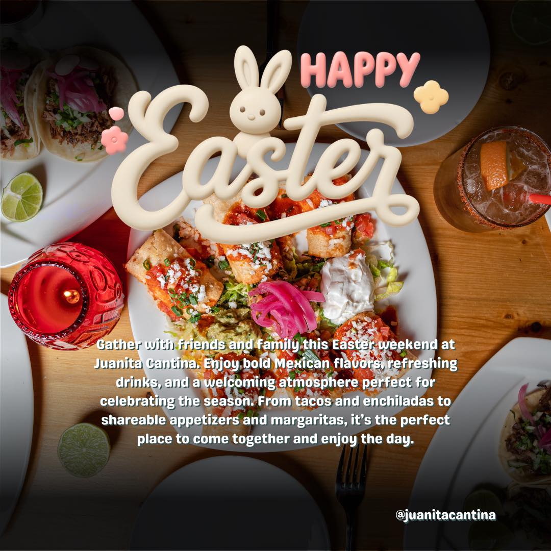 We’ll be taking a little break to celebrate Easter 🐣🌸
Juanita Cantina will be closed tomorrow in observance of Easter, but we’re open today and ready to serve you all your favorites! Stop by and grab a bite, a margarita, or both before the holiday.
