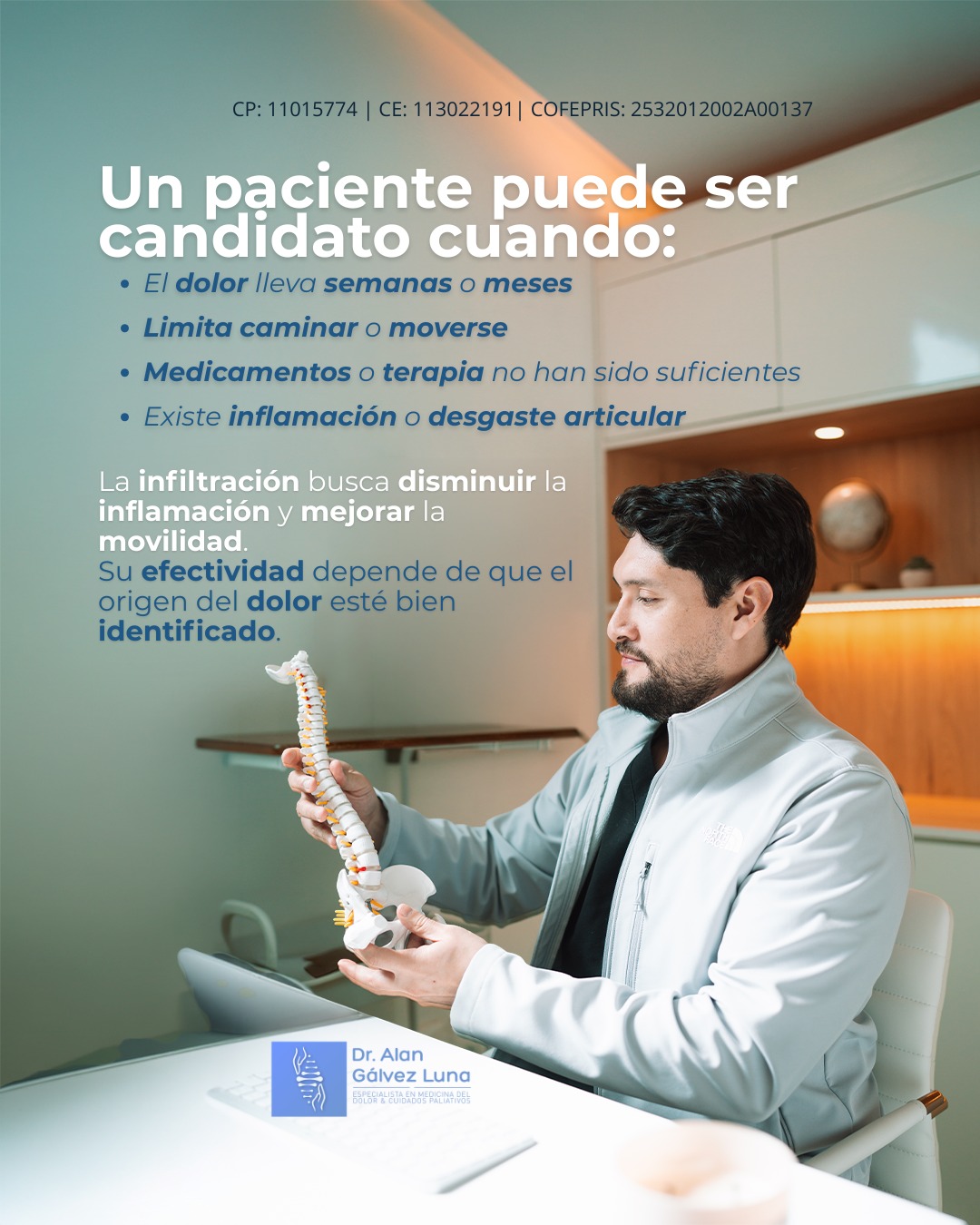 Las infiltraciones no son la primera opción para todos los dolores articulares. Se utilizan cuando el dolor persiste, limita el movimiento y otras medidas no han sido suficientes.
💉 Identificar correctamente el origen del dolor es clave para decidir si un paciente es candidato.
Dr. Alan Valente Gálvez Luna
⚕️Especialista en Medicina del Dolor y Algología
📍 Plaza Cititower, Guadalajara, Jalisco
📍 Cráter 10, Guadalupe, Zacatecas
📍 Hospital San Antonio del lago de Chapala, Jalisco
Reserva tu cita →
📞 Guadalajara: 33 4675 6141
📞 Chapala: 33 4675 6141
📞 Zacatecas: 492 264 8689
UNIVERSIDAD AUTÓNOMA DE GUADALAJARA| UAG
CP: 11015774| CE: 13022191| COFEPRIS Santa Fe: 2532012002A00137
COFEPRIS GDL Instituto ION: 2514102002A00839