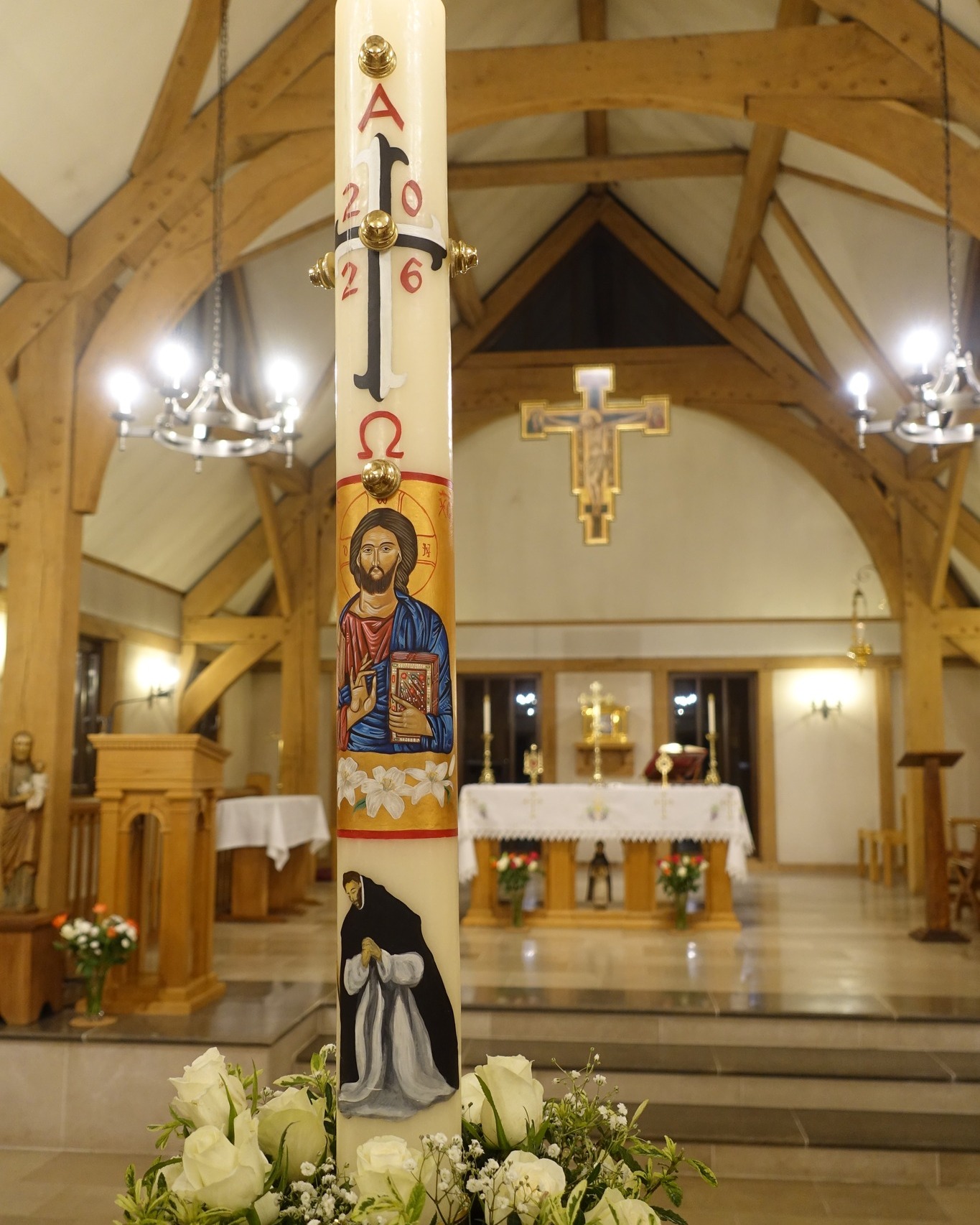 Our Paschal candle this year was exquisitely painted by the very talented individuals behind @faithfullabours ! We couldn't be happier with it, and knowing that it was designed and painted prayerfully makes it all the more special. It will continue to help raise our hearts and minds to God throughout Eastertide 😇🙏