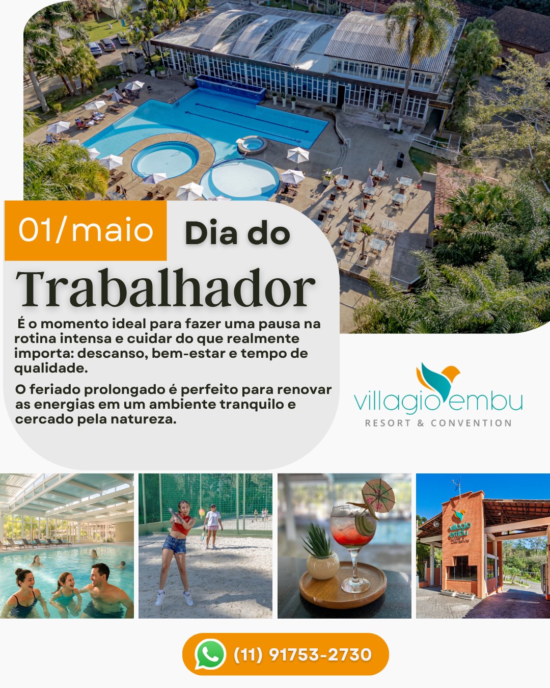 DIA DO TRABALHO NO VILLAGIO EMBU
Depois de tantos dias de dedicação, que tal transformar o feriado em um momento só seu?
No Villagio Embu, o Dia do Trabalho é o convite perfeito para desacelerar, respirar fundo e aproveitar o melhor da vida:
🌿 Contato com a natureza
💦 Estrutura completa de lazer
🍽️ Gastronomia que encanta
🏡 Conforto para renovar as energias
A poucos minutos de São Paulo, você encontra o equilíbrio ideal entre descanso e diversão — perfeito para recarregar corpo e mente.
✨ Porque cuidar de você também faz parte do seu trabalho.
📅 Programe seu feriado
📲 Ainda dá tempo de fazer sua reserva!
#VillagioEmbu #DiaDoTrabalho #FeriadoPerfeito #Descanso #LazerCompleto #ViagemSP #Natureza #TurismoSP #ExperienciaUnica #AindaDaTempo