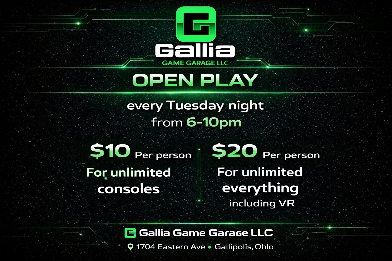 🚨 BIG UPDATES at Gallia Game Garage! 🚨
We’re leveling up how you play! 🎮⚡
Starting now, here’s how things are changing:
🟢 Open Play Nights Join us every Tuesday from 6–10PM for open play! • $10 – Unlimited consoles
• $20 – Unlimited EVERYTHING (including VR)
🟢 Members Only Nights Thursdays are now exclusive to members from 6–10PM! Get access to unlimited gaming, perks, and a dedicated gaming experience.
🟢 NEW: Reservations & Private Events Outside of our weekly events, Gallia Game Garage will now be reservation-based and hosting special events only! Perfect for: 🎉 Birthday parties
👨👩👧👦 Family gatherings
🏆 Tournaments
🎮 Private gaming sessions
Want the whole place to yourself? We’ve got you covered.
📍 Gallipolis, Ohio
📞 740-794-0351
Message us today to book your event or learn more about memberships!
Let’s game smarter, bigger, and better. 💚🔥
Stay up to date on our website 3GVR..
#Gaming
#vr
#GalliaGameGarage
#Changes