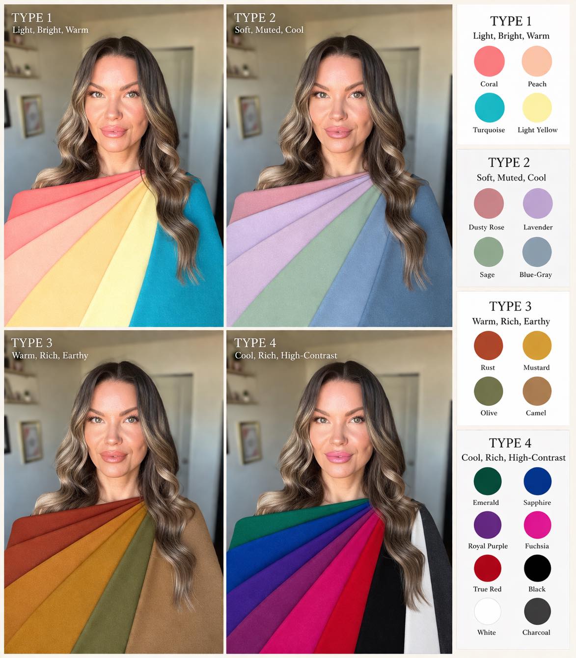 Which one do YOU think fits me best?
Type 1, 2, 3, or 4? 👇🏽
We used to love doing this my Fashion classes.
There is something so fun about seeing how different colors can completely change your whole look, your skin, your eyes, and your overall glow.
AI prompt below