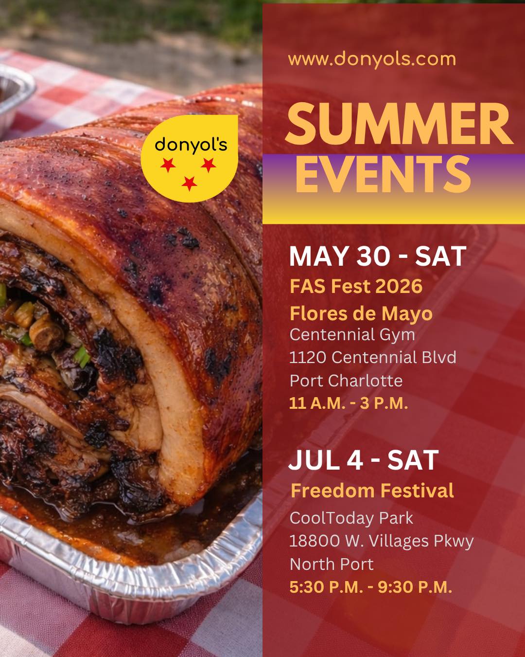 ☀️❗️HEATING UP FOR SUMMER ❗️ ☀️
So excited to join our community’s upcoming events. Find us at these FREE-ENTRY FESTIVALS‼️ Mark your calendars and see you #soon‼️ Share and spread the word‼️
🔆 www.donyols.com/popup
🔆 (941) 888-0158
🔆 ᑕᖇᗩᐯE. EᗩT. ᖇEᑭEᗩT.
#craveeatrepeat #authenticcebu #swfl #puso #donyols #filamkids #FloridaPinoy #filipinofoods #filam #authenticcebuanofoods #swflfoodies #filipinodish #craveeatrepeat💋 #authenticcebulechonbelly #filipinofoodmovement #floridapinoy #filipinocuisine #lechon #lechonbaboy #lechonbelly #siomai #putocheese😋 #acharangpapaya #latik #achara #cebulechon #cebulechonbelly #northportpinoy #shoplocalnorthport #supportinglocal