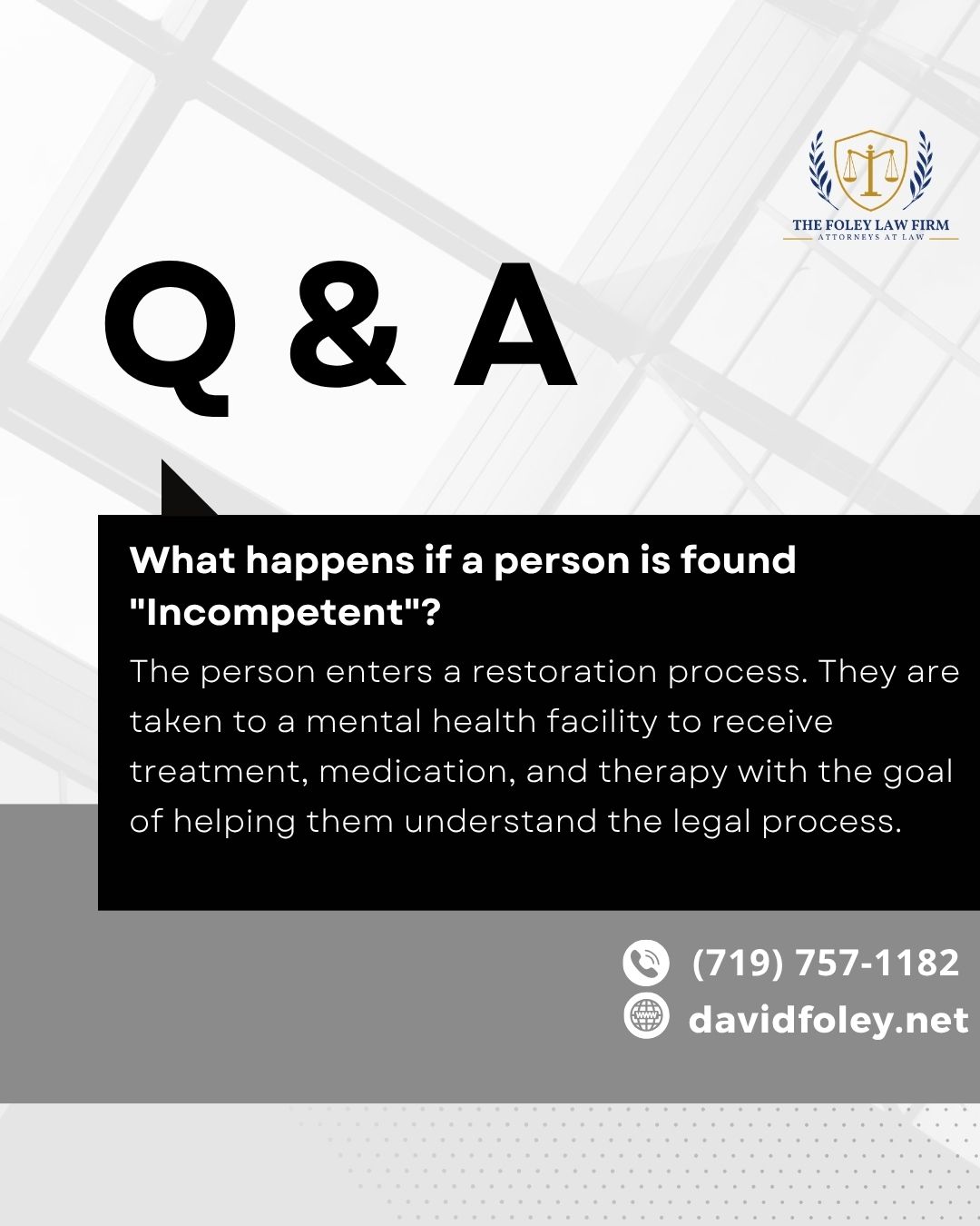 If a person is found legally incompetent, the criminal case cannot move forward. Instead of proceeding to trial, the individual enters what is known as a restoration process.
This means they are taken to a mental health facility where they receive specialized treatment, medication, and therapy. The goal isn't just medical recovery; it’s to help them understand the legal process so they can eventually assist in their own defense.
If a doctor determines that restoration is unlikely in the near future, the law allows for the case to be dismissed. Protecting a defendant’s rights means ensuring they actually understand the reality of the situation they are in.
#TheFoleyLawFirm #coloradosprings #incompetence #lawyer #criminaldefense