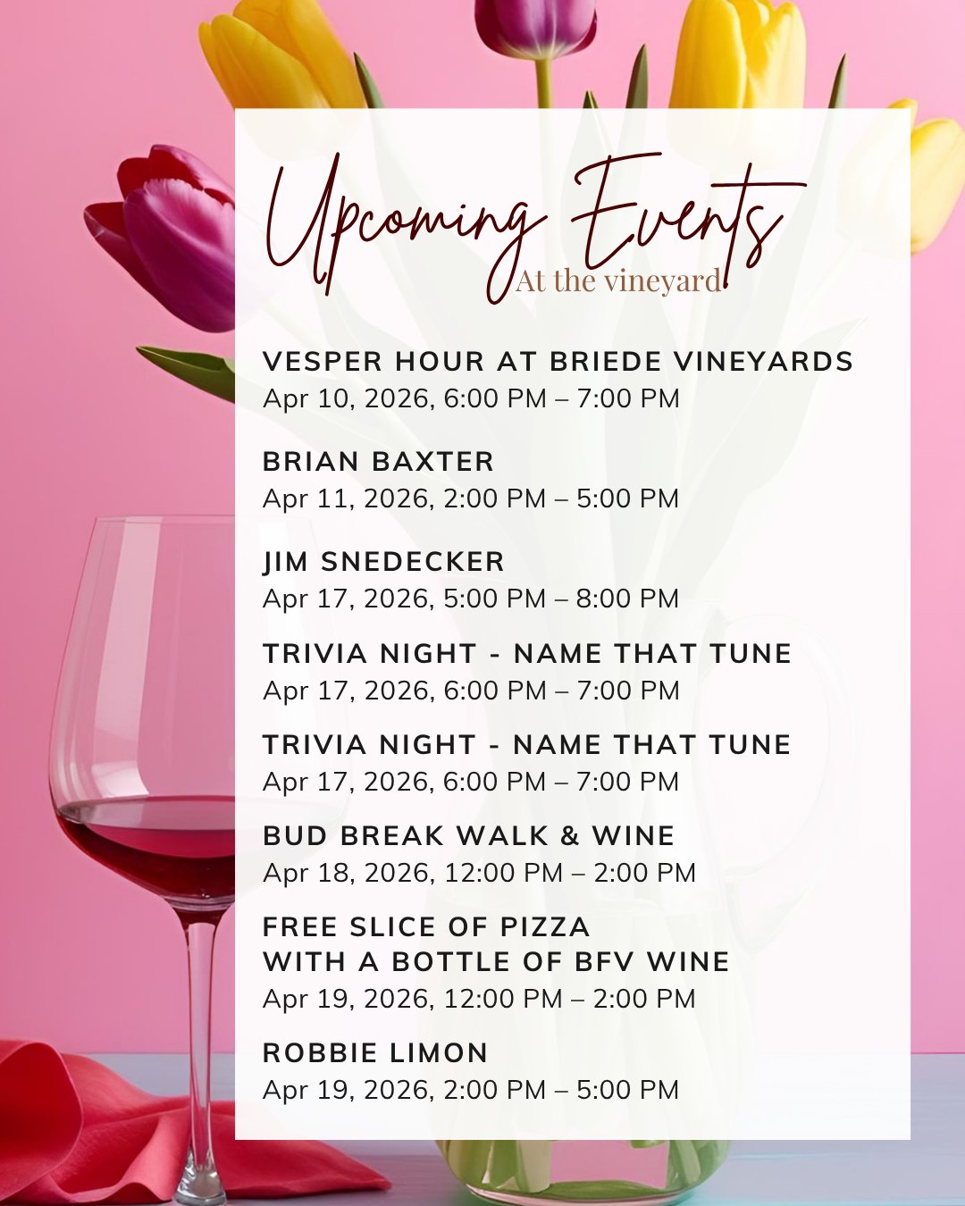 Another week at Briedé and we have a lot to look forward to!
From live music and tastings to amazing experiences, there is always something special happening here. Check our calendar for the details on what is coming up.
We would love to share these events with you!
#BriedeFamilyVineyards #VirginiaWine #WinchesterVA #VisitTheVineyard #WineEvents #TastingRoomExperience #PlanYourVisit #ShenandoahValleyWine #VineyardCalendar