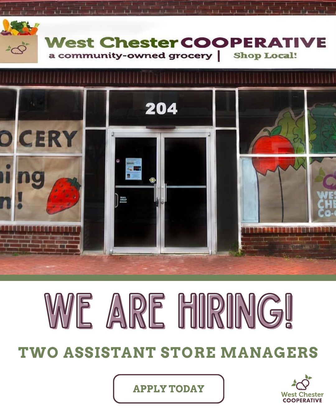 We’re hiring at the West Chester Co-op! 🌱
We’re looking for two Assistant Store Managers to join our team as we get ready to open.
Be part of something built for the community, by the community.
Apply today!