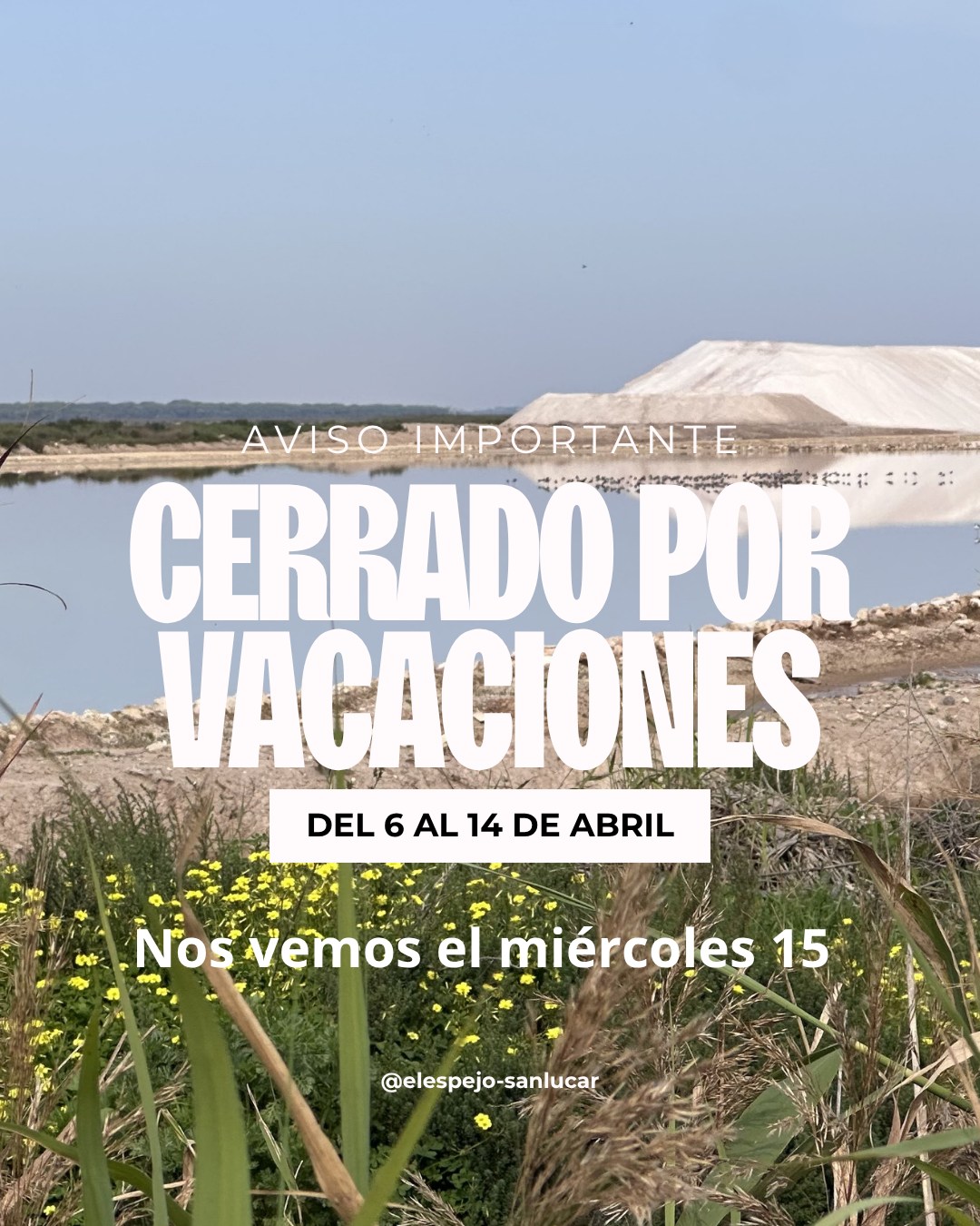¡Hola a todos! 🥂✨
En Restaurante El Espejo vamos a hacer una pequeña pausa para recargar energías y volver con nuevas ideas y mucho sabor. 🍴
🗓️ Cerrado por vacaciones: Del 6 al 14 de abril.
🗓️ Reapertura: Miércoles 15 de abril.
Aprovecharemos estos días para ponerlo todo a punto y recibirles como se merecen a la vuelta. ¡Ya pueden ir pensando en su plato favorito! 🥘🍷
¡Nos vemos muy pronto!