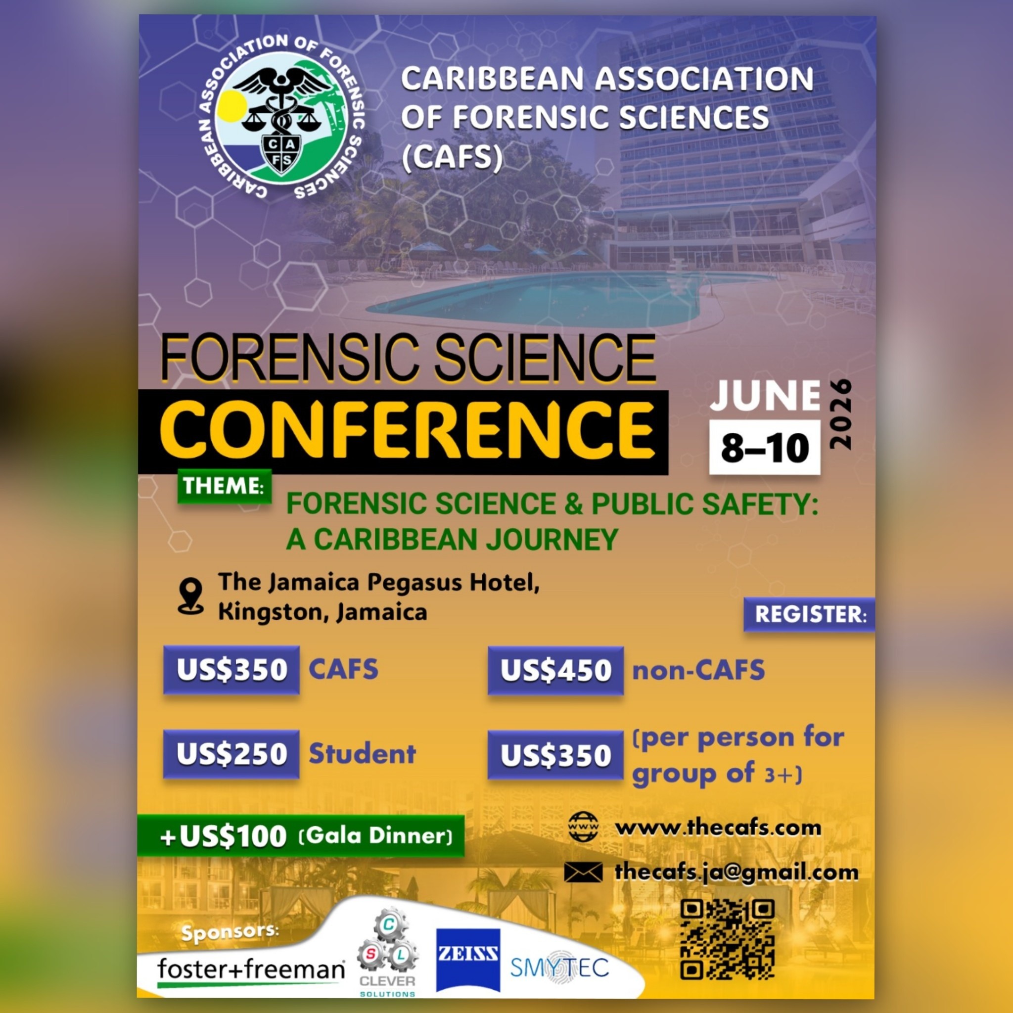 The Caribbean Association of Forensic Sciences (CAFS) is hosting a Forensic Science Conference this June!
Theme: Forensic Science & Public Safety: A Caribbean Journey
Date: June 8–10, 2026
Location: The Jamaica Pegasus Hotel, Kingston, Jamaica
Registration now!
CAFS Members | US$350
Non-Members | US$450
Students | US$250
Groups (3+) | US$350 per person
Gala Dinner | +US$100
Don't miss out on high-level networking and insights from industry leaders like Foster + Freeman, ZEISS, Clever Solutions, and SMYTEC.
The registration link is in our bio, or scan the QR code in the flyer!