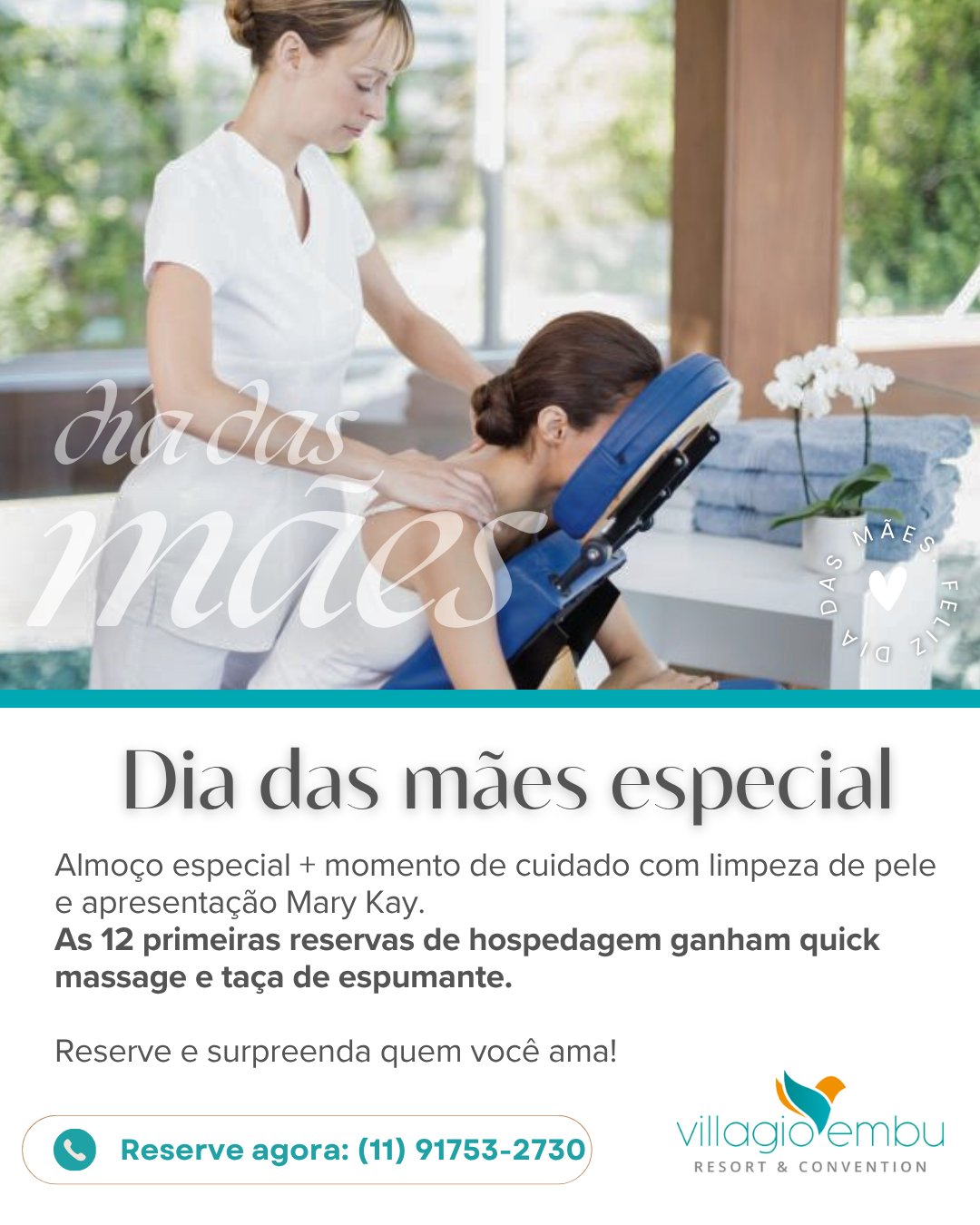 Dia das Mães no Villagio Embu: um presente para sentir e viver
Neste Dia das Mães, transforme o carinho em uma experiência inesquecível.
Preparamos um almoço especial para celebrar esse momento único, além de um cuidado exclusivo com sessão de limpeza de pele acompanhada da apresentação dos produtos Mary Kay — um convite ao bem-estar e à autoestima.
E tem mais:
As 12 primeiras mães que garantirem sua reserva de hospedagem serão presenteadas com um mimo especial — uma relaxante quick massage acompanhada de uma taça de espumante para brindar esse dia tão especial.
Surpreenda quem sempre esteve ao seu lado com momentos de descanso, cuidado e felicidade.
Garanta já sua reserva e celebre o Dia das Mães no Villagio Embu.