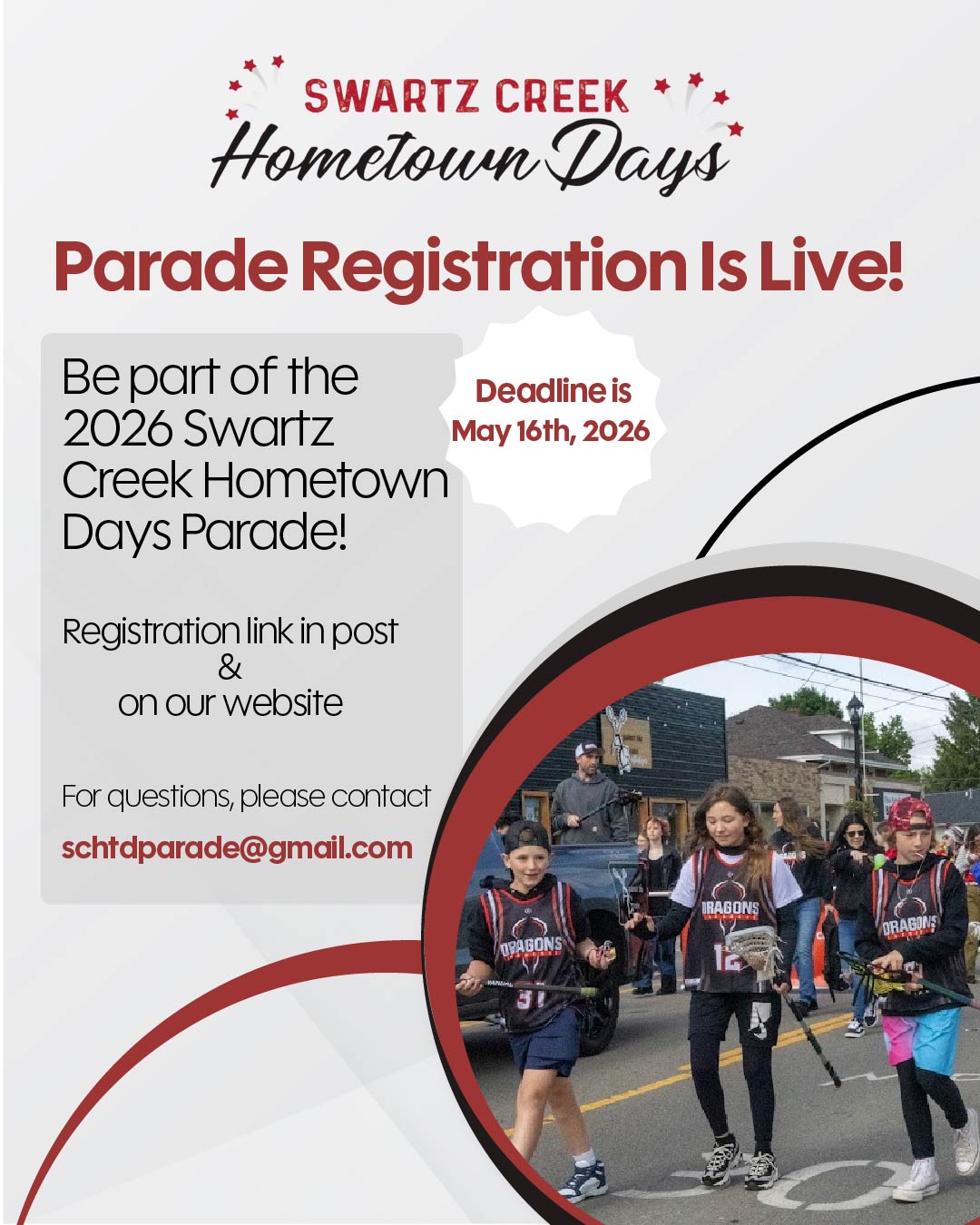 We are still accepting applications for the 2026 Swartz Creek Hometown Days Parade!
We would love for you to participate and be part of this great community tradition.
The deadline to submit your application is May 16, 2026.
Apply here: https://forms.gle/m4tU6SBrQfyLFtK47