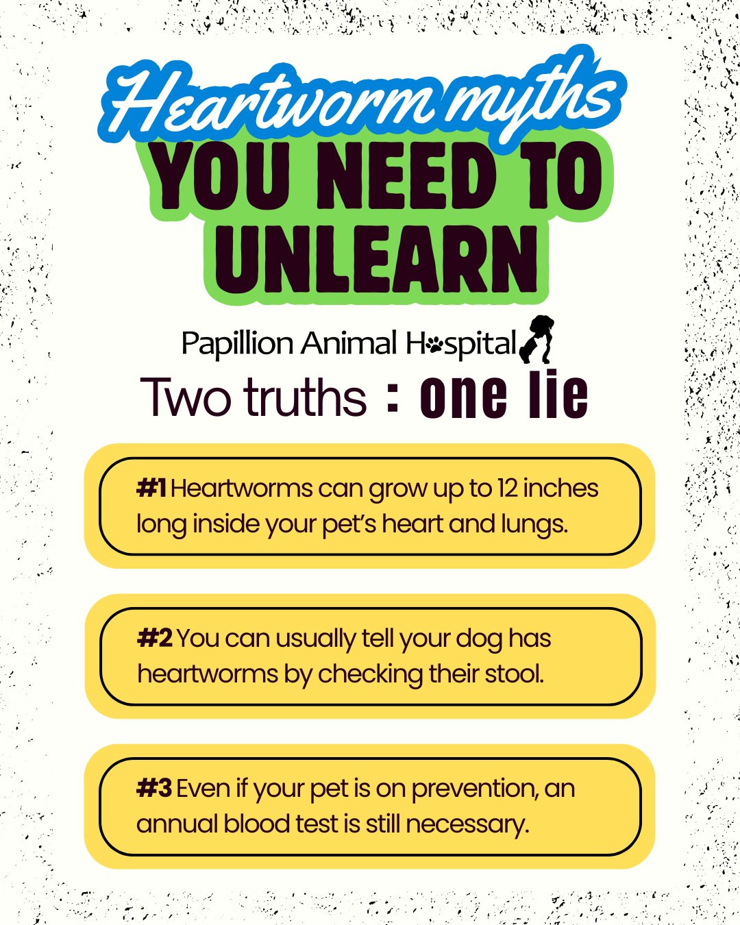 2 Truths and a Lie: Heartworm Edition! 🦟🚫
Can you spot the fake? Drop your guess (1, 2, or 3) in the comments and check back tomorrow for the answer!
Is your pet protected? Call us at 402-331-3307 to get your refill or schedule a test!
