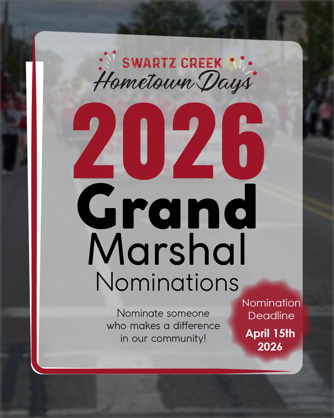 There’s still time to nominate a deserving community member for our 2026 Grand Marshal! 🎉
Help us recognize someone who makes a difference and represents the spirit of our community.
Submit your nomination today!
https://forms.gle/1UywpP171spHRGFF6