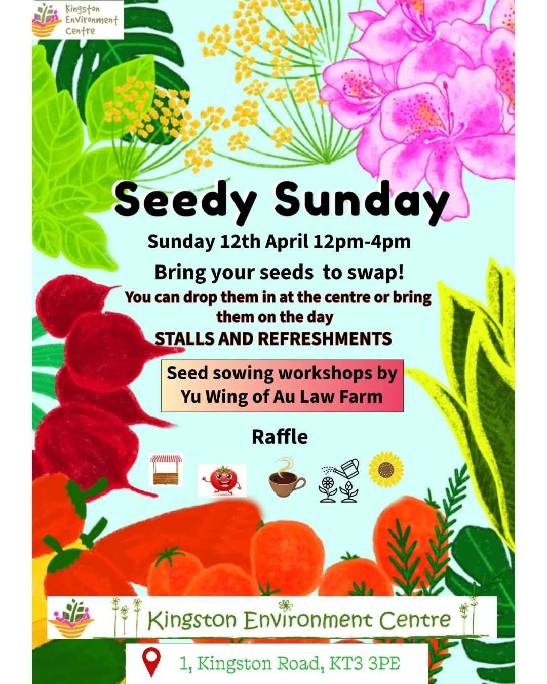 Today!
Workshops:
1pm Seed sowing 'Spaghetti squash planting.
2pm 'Give seeds a chance' workshop. Planting seeds past their use by date, but could there still be life in them.
3pm Seed paper making.
🧑🏽🍳 Food
12-2pm - Teas, coffee, hot chocolate, cold drinks.
2pm -4pm - Vegetable curry lunch cooked and served by Ritchie, former owner of Riverside Vegetaria.
🎫🎟️ Raffle to be drawn at 3:45. Get your tickets at the reasonable price of £1.
All proceeds to go to the upkeep and costs of Kingston Environment Centre. #Food #community #environmental #environment #kingstonuponthames #newmalden #Seeds #Spring #growing #GrowFromSeed