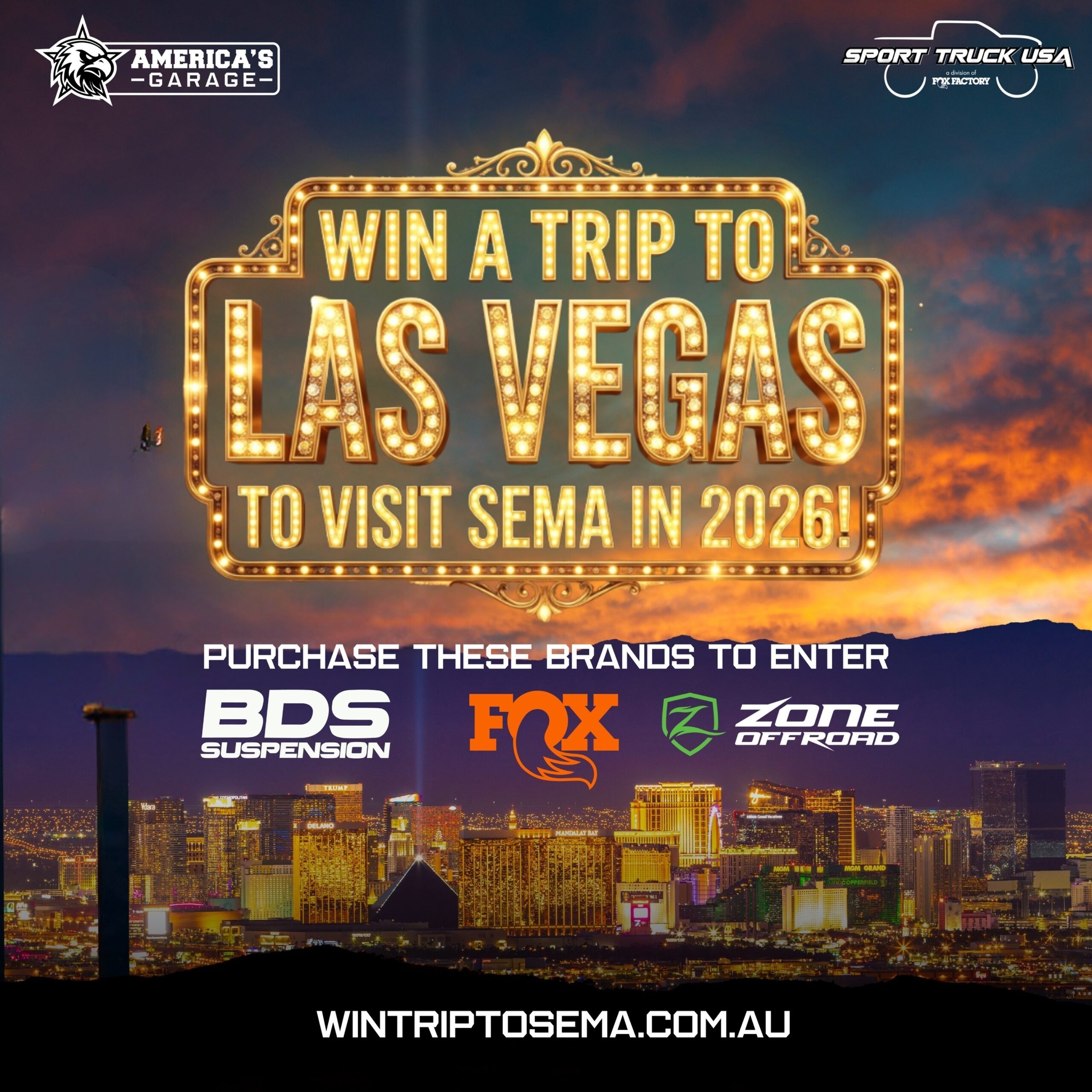 Your Next Level Trucks Suspension upgrade could send you to SEMA 2026 🔥🇺🇸
Buy eligible BDS, Zone Offroad or FOX products over $1,000 @nextleveltrucks_ and you could be heading to Las Vegas for one of the biggest automotive events in the world thanks to @americas.garage
✈️ Return flights
🏨 5 nights accommodation
🎟️ SEMA entry
💵 USD $1,500 spending money
And the best part?
One sale can create up to 3 winners.
If you’ve been thinking about upgrading your truck, this is your sign.
Book in now to get your truck LIFTED and go in the drawer to win.
#AmericasGarage #SEMA2026 #WinATrip #BDSuspension #ZoneOffroad #FOXSuspension #AmericanTrucks #TruckUpgrades #4x4Australia #LasVegasTrip
#americasgarage #sema #americantrucks #suspensionupgrade #lasvegas