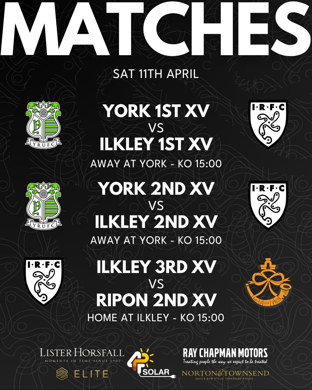 Your last league match of the season for our 1st XV this weekend with our York double header away at York. Our 3rd XV host Ripon at Stacks Field. All matches kick off at 15:00.
Saturday 11th April
York 1st XV vs Ilkley 1st XV - Away at York - League - KO 15:00
York 2nd XV vs Ilkley 2nd XV - Away at York - Friendly - KO 15:00
Ilkley 3rd XV vs Ripon 2nd XV - Home at Ilkley - League - KO 15:00
Ilkley's Aire Wharfe Cup next round game has been announced. Ilkley will host Bradford Salem at Stacks Field on Wednesday 15th April, Kick off TBC.
#uptheilk #irfc #ilkley #100percentilk #COYD