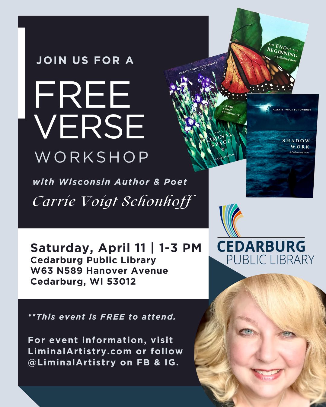 Join me for a Free Verse Workshop on 𝐓𝐇𝐈𝐒 𝐒𝐀𝐓𝐔𝐑𝐃𝐀𝐘, April 11 at 1 p.m. at the Cedarburg Public Library. 📚
This event is free to attend, but space is limited. Hope to see you there!