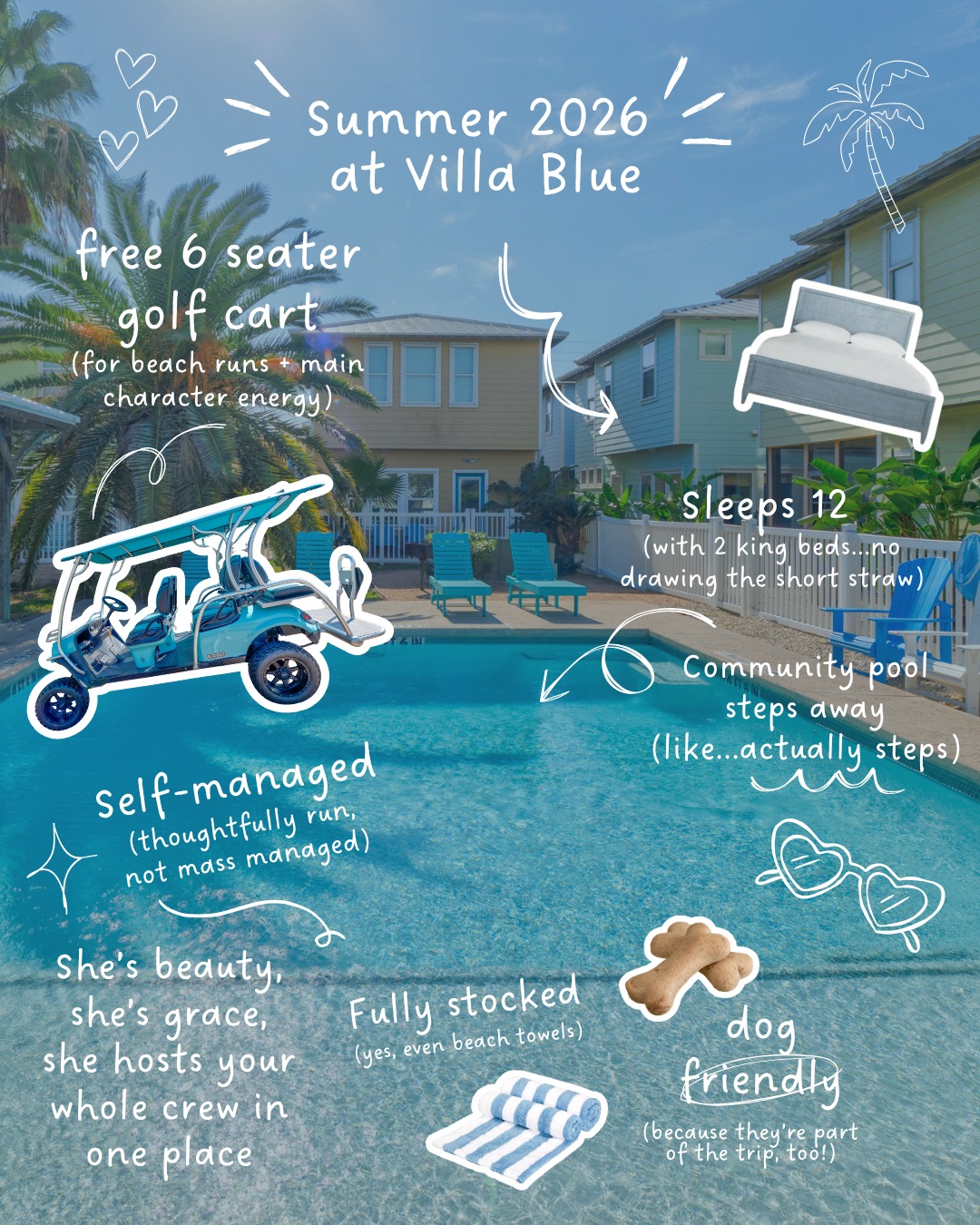 Sheâs beachy, sheâs bright, she fits your whole crew just right! đ
âď¸ Golf cart for cruising
âď¸ Pool right there
âď¸ Dogs welcome
âď¸ Beds youâll actually want to sleep in
âď¸ And yes⌠we already thought of the beach towels
Itâs giving easy vacation!
#VillaBluePortA #TexasCoast #PortAransas #PortA #BeachTownLife #GolfCartLife #SlowTravel #BeachHouseLife #PortAransasStay #StayinPortA #VisitPortAransas #SummerByTheSea #PortAGetaway