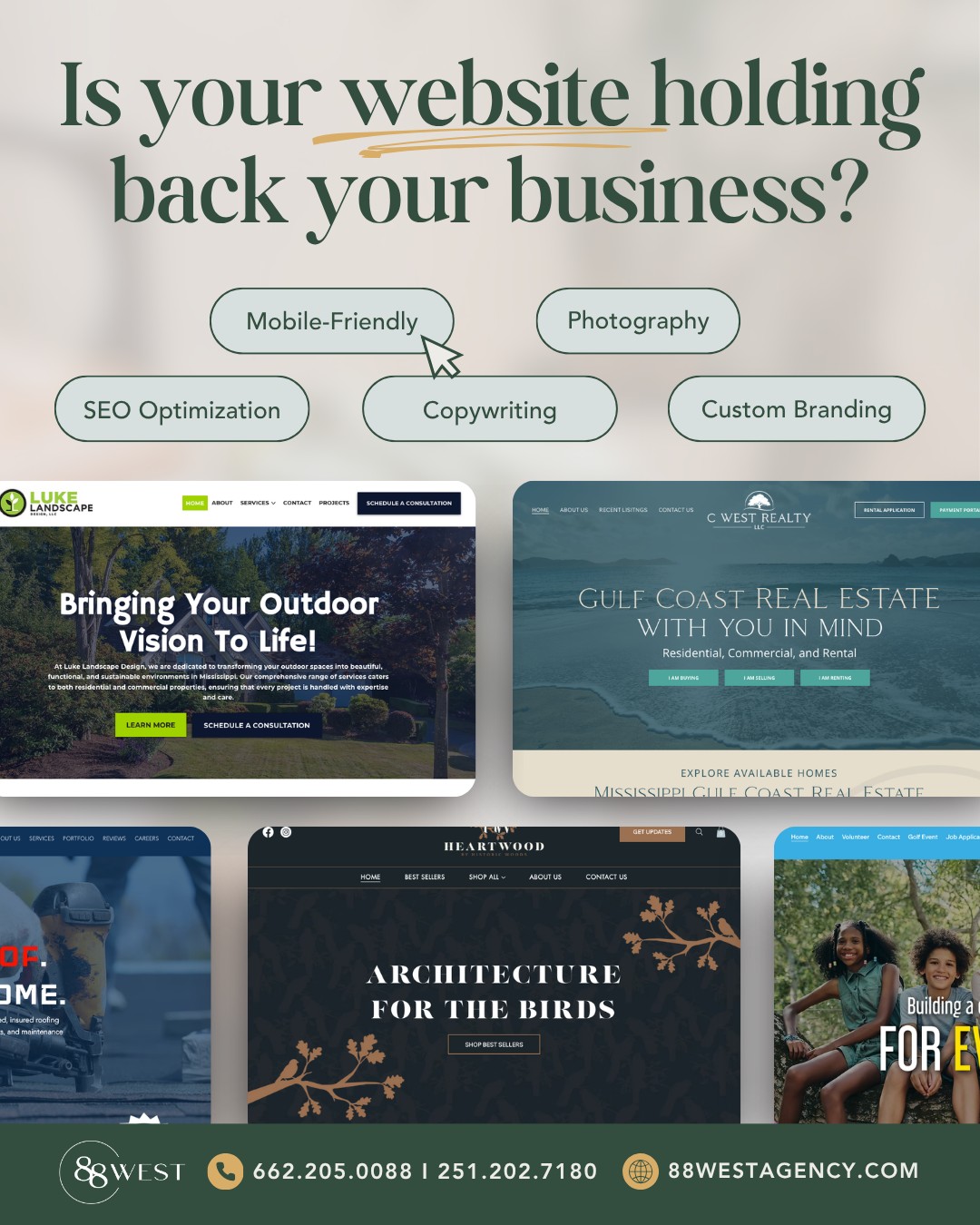 Your website should do more than just exist—it should capture attention, tell your story, and drive results. 💻✨
At 88 West, we design websites that are not only visually striking but built with purpose, so your brand connects, converts, and stands out in all the right ways.
📩 Ready to elevate your online presence? Let’s build something powerful together.
-
📞 662.205.0088 | 251.202.7180
💻 88westagency.com
-
#88West #88WestAgency #NorthMS #ALGulfCoast #MSGulfCoast #TupeloMS #GulfShoresAL #HuntsvilleAL #MarketingAgency #DigitalMarketing #WebsiteDesign #CustomWebsites