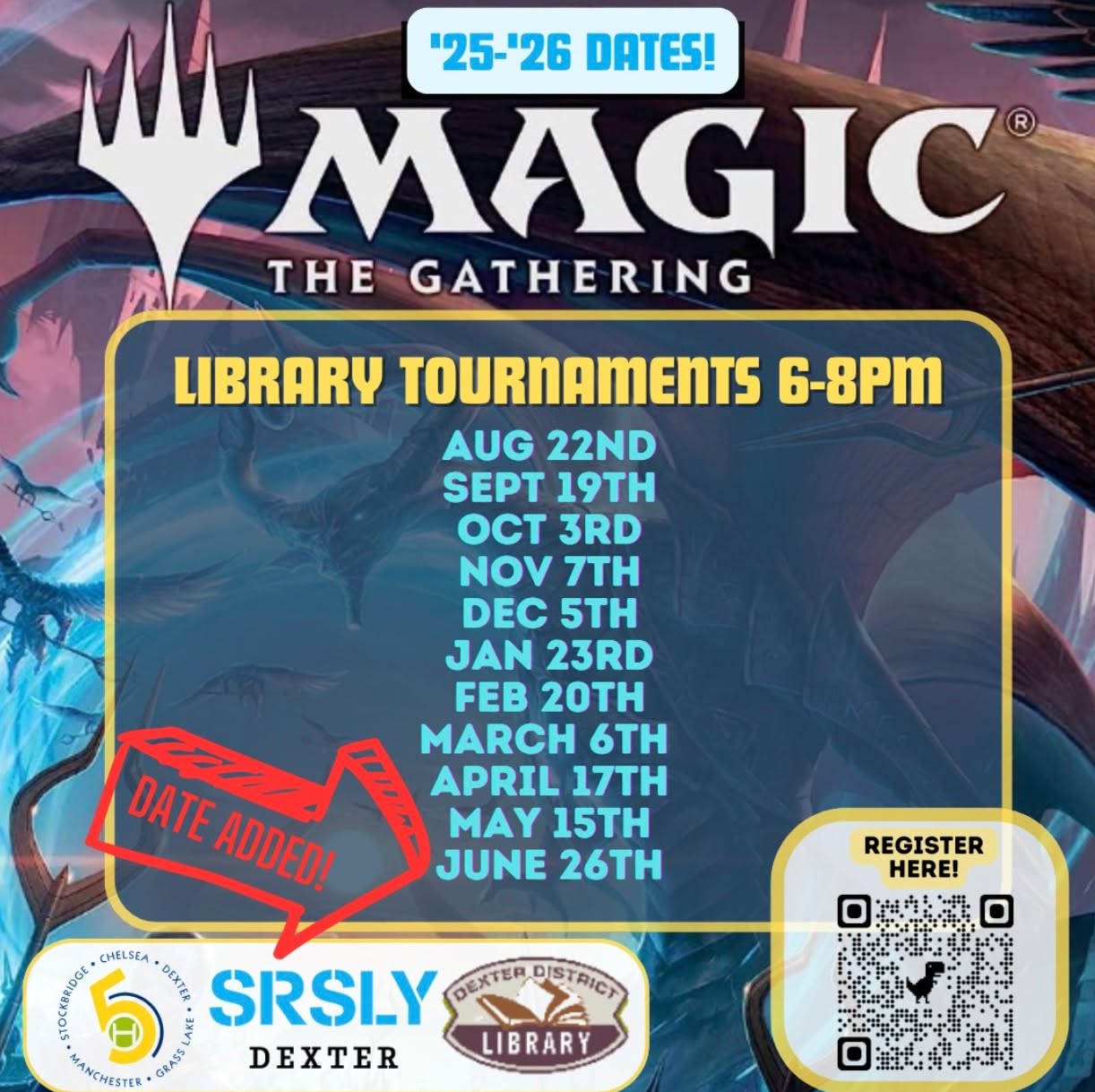 ๐ฎ๐งโโ๏ธ๐งโโ๏ธOne week until Magic: The Gathering ๐ฎ๐งโโ๏ธ๐งโโ๏ธ
Friday, April 17th
6:00 - 8:00 pm
Grades 5 - 12
Join us monthly for pizza and MTG tournament-style play on Friday evenings from 6:00 to 8:00 p.m. Prizes awarded to top players. Everyone in grades 5 through 12 with knowledge of game play and rules is invited to attend. Please bring a Commander deck to each session.
Registration link in bio!
Co-sponsored with @5healthyteens and @dexterdistrictlibrary