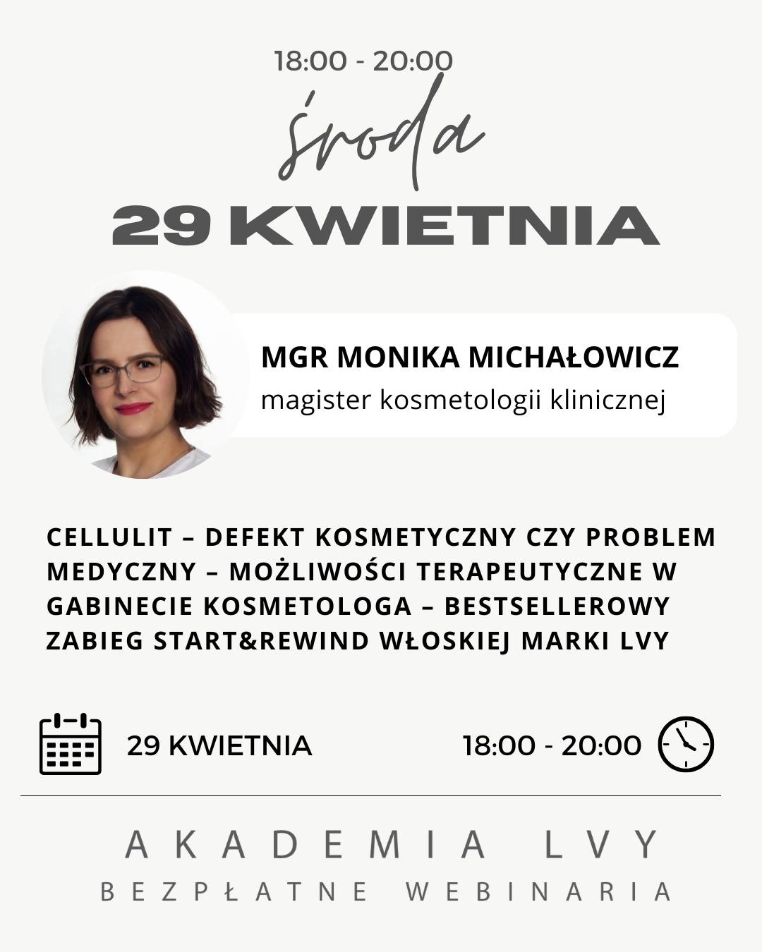 Cellulit – defekt kosmetyczny czy problem medyczny?
Czy wiesz, że cellulit ma swoją nazwę medyczną i jasno określoną patofizjologię?
29 kwietnia przyjrzymy się lipodystrofii gynoidalnej, różnicom anatomicznym, klasyfikacji wiotkości skóry oraz czynnikom wpływającym na powstawanie cellulitu.
Omówimy ocenę Klienta, rolę diety i aktywności fizycznej oraz bestsellerowy zabieg START&REWIND marki LVY – wraz z planem pielęgnacji domowej podtrzymującej efekty.
Bo skuteczna terapia zaczyna się od zrozumienia problemu, nie od urządzenia.
@monika_michalowicz